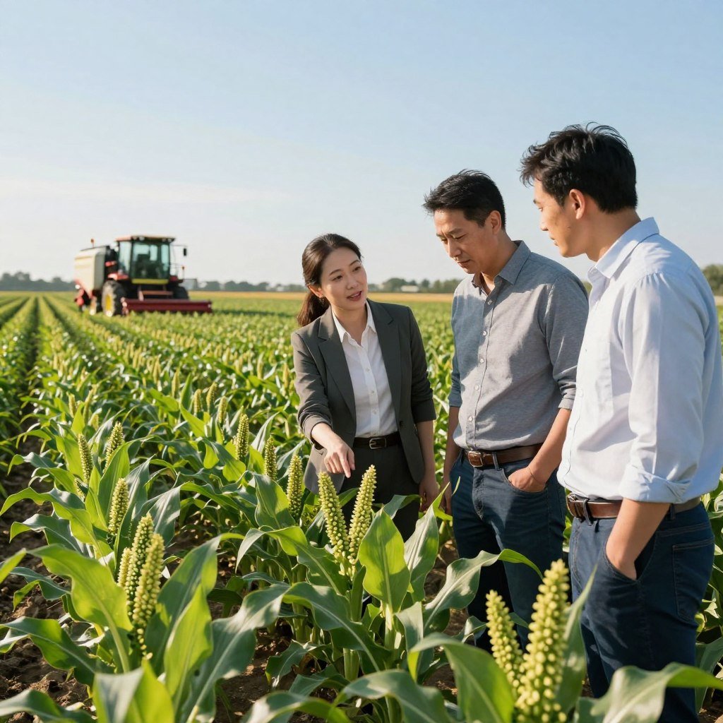 A vibrant scene in an agro-industrial setting showcasing the brco11 crop variety. In the foreground, a diverse group of three agricultural professionals—one woman and two men—in smart, casual business attire, are inspecting lush fields of brco11. They are engaged in discussion, with one pointing to the healthy plants. In the middle ground, rows of brco11 crops flourish under bright sunlight, with vivid green leaves and ripe produce. In the background, a clear blue sky stretches above, and innovation can be seen in the form of modern agricultural machinery at work. The atmosphere is one of success and productivity, highlighting the advantages of brco11 in agriculture. Utilize warm, natural lighting to create an inviting and positive mood. A vibrant scene in an agro-industrial setting showcasing the brco11 crop variety. In the foreground, a diverse group of three agricultural professionals—one woman and two men—in smart, casual business attire, are inspecting lush fields of brco11. They are engaged in discussion, with one pointing to the healthy plants. In the middle ground, rows of brco11 crops flourish under bright sunlight, with vivid green leaves and ripe produce. In the background, a clear blue sky stretches above, and innovation can be seen in the form of modern agricultural machinery at work. The atmosphere is one of success and productivity, highlighting the advantages of brco11 in agriculture. Utilize warm, natural lighting to create an inviting and positive mood.