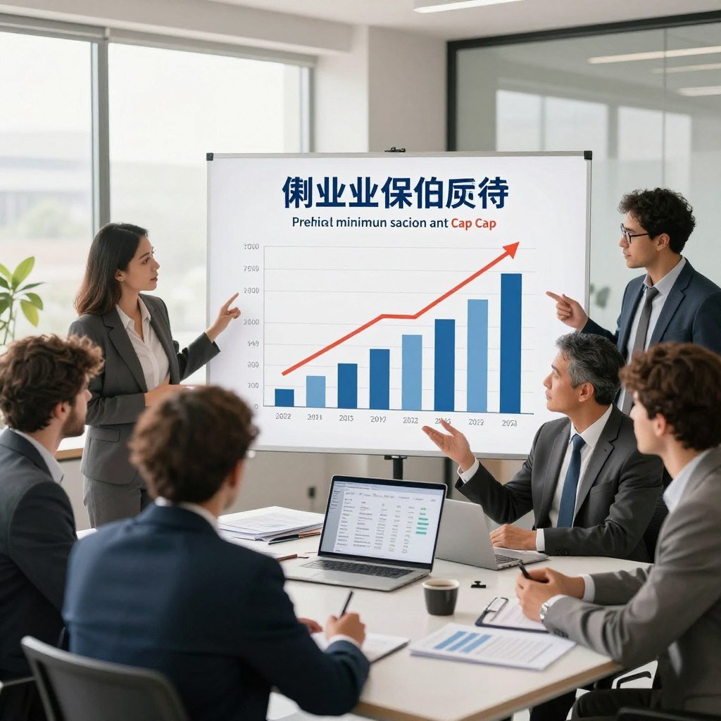 A visually engaging illustration depicting the concept of unemployment insurance in Brazil, highlighting the relationship between the maximum benefit and the minimum wage. In the foreground, a diverse group of professional individuals in business attire is engaged in a thoughtful discussion around a large, clear chart displaying the rising minimum wage versus the unemployment insurance cap. In the middle, an office setting with a modern desk, documents, and a laptop showing financial statistics. The background features large windows letting in soft, natural light, creating a warm and optimistic atmosphere. The scene conveys an informative tone, emphasizing financial stability and support. Use a realistic lens effect, capturing the details of the expressions and charts while maintaining a balanced depth of field.