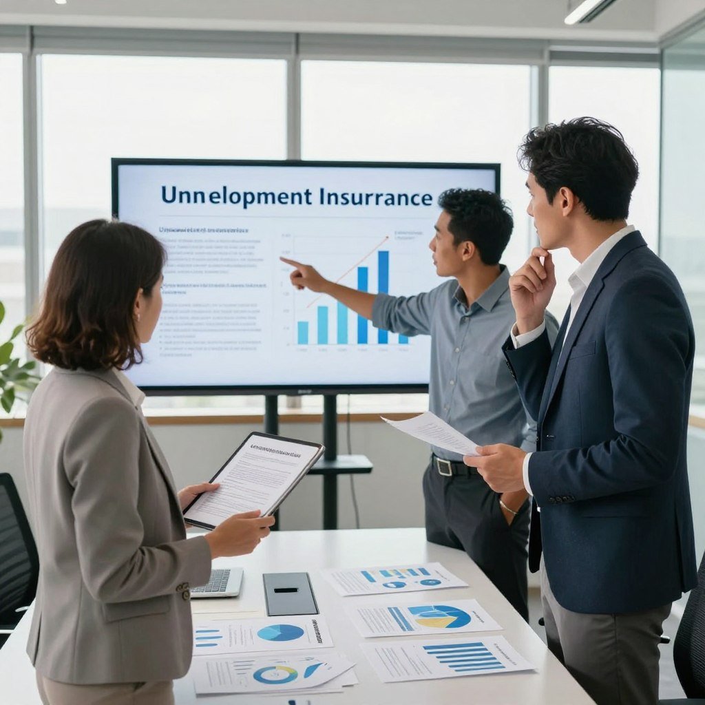 A visually engaging scene depicting the benefits of unemployment insurance in Brazil, centered around a diverse group of three professionals in business attire, standing in a modern office environment. In the foreground, a confident woman reviews several financial documents on her tablet, while a thoughtful man points to a graphical comparison chart on a large screen behind them. The middle ground features a sleek conference table with charts and reports on unemployment assistance benefits spread out, emphasizing analysis and discussion. In the background, large windows let in bright natural light, creating an optimistic, productive atmosphere. Soft shadows enhance the scene, conveying a sense of focus and collaboration, while intentionally avoiding distractions or clutter.