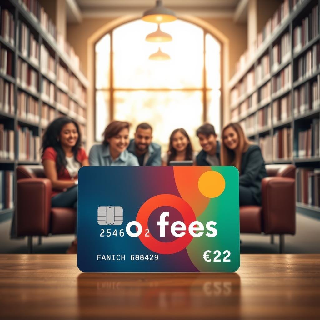 A visually striking image of a credit card with the theme "no fees." In the foreground, feature a sleek, modern credit card designed with vibrant colors and an emblematic representation of "no fees." In the middle ground, display a diverse group of students, dressed in smart casual attire, gathered around a coffee table studying together, their expressions reflecting curiosity and engagement. In the background, depict an inviting university library with shelves filled with books and soft, warm lighting that creates a cozy atmosphere. Capture the scene from a slightly elevated angle to provide depth, with natural light streaming through large windows, enhancing the mood of opportunity and financial empowerment. The overall atmosphere should be inspiring and uplifting, reflecting the positive aspects of a fee-free credit card for students.