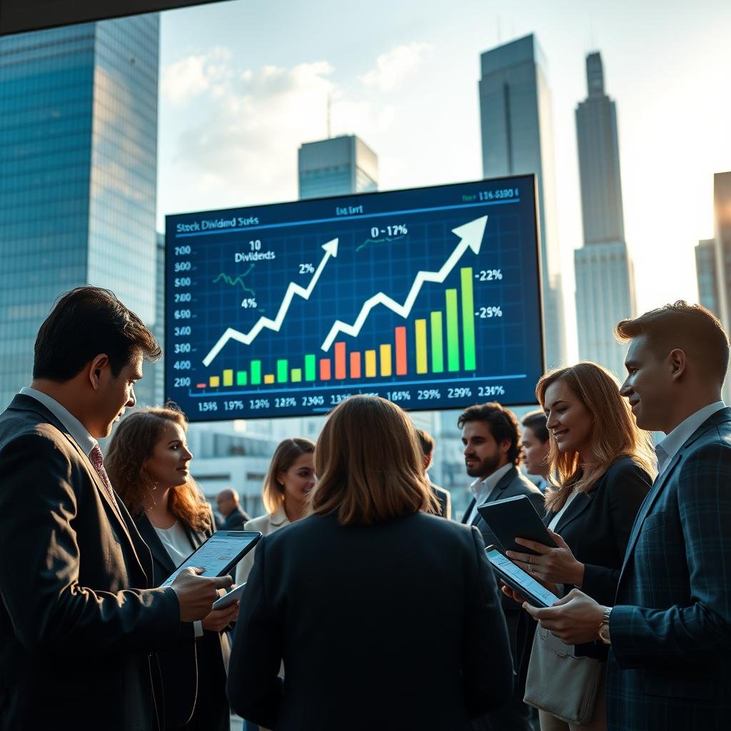 A visually striking representation of a financial market scene focused on stock dividends. In the foreground, display a diverse group of professionals in business attire, engaging in a dynamic discussion with financial charts and graphs on electronic devices. In the middle layer, include a large animated screen displaying rising dividend stocks with arrows and percentage symbols, radiating a sense of opportunity. The background should feature a modern city skyline with tall glass buildings, symbolizing economic growth. Soft, natural lighting filters through the scene, casting a warm glow and creating an atmosphere of optimism and collaboration. The composition should be captured from a slightly elevated angle, emphasizing the action and engagement of the professionals.