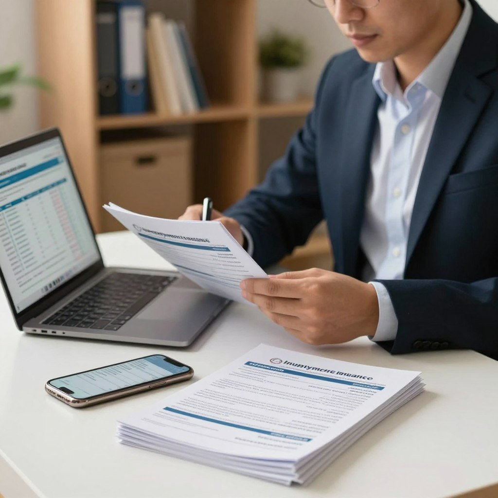 A well-organized workspace depicting various useful resources related to unemployment insurance. In the foreground, a neatly arranged desk features a laptop displaying financial data, alongside a stack of informative brochures on unemployment benefits. A smartphone rests nearby with a contact list visible. In the middle, a professional-looking person in business attire is seen engaging with these materials, looking focused yet approachable. The background shows a softly lit office environment with shelves lined with books and files, giving a sense of professionalism. The lighting is warm and inviting, with a soft focus effect that emphasizes the subject's concentration and the importance of the resources. The overall mood is one of empowerment and readiness to navigate the complexities of unemployment insurance.