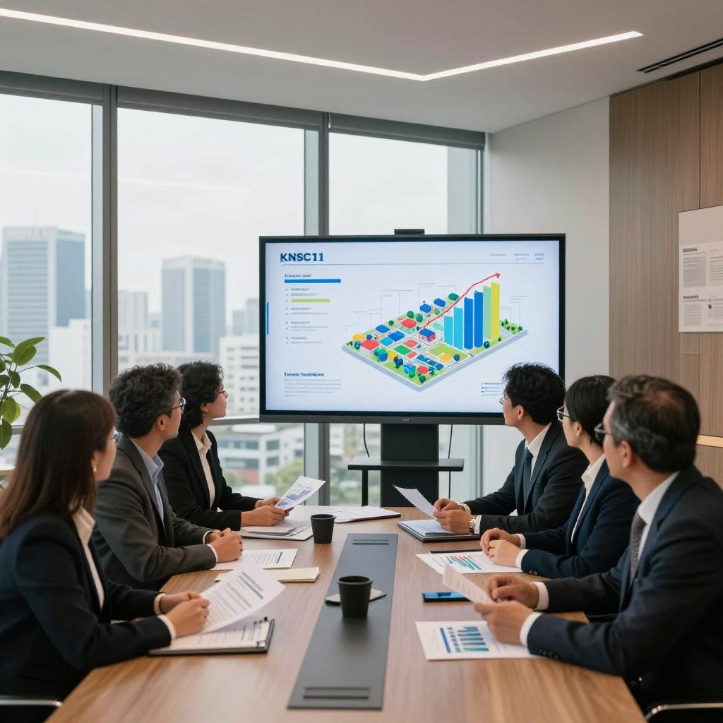An elegant, modern office space filled with professionals discussing financial documents related to "fundo imobiliário" investments. In the foreground, a diverse group of individuals dressed in professional business attire share insights around a sleek conference table adorned with graphs and charts. The middle ground includes a large digital screen displaying a vibrant, illustrated presentation of KNSC11's performance data and property investments. The background features a panoramic window revealing a city skyline, influenced by a contemporary design that conveys sophistication and ambition. Soft, natural lighting filters through the window, creating a warm atmosphere ideal for collaboration. The camera angle captures the lively interaction, emphasizing focus and engagement among the team.