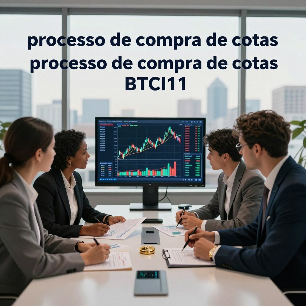 An informative scene depicting the "processo de compra de cotas" for BTCI11 investment in cryptocurrencies. In the foreground, a diverse group of three professionals, dressed in smart business attire, is gathered around a sleek, modern conference table, analyzing charts and financial documents illuminated by soft, warm lighting. In the middle, a digital display shows real-time market data, with dynamic graphs indicating investments and trends. The background features a large window with a city skyline, showcasing a bright, clear day, enhancing the atmosphere of opportunity and forward-thinking. The composition conveys a sense of collaboration and focused engagement, highlighting the process of accessing cryptocurrency investments effectively.