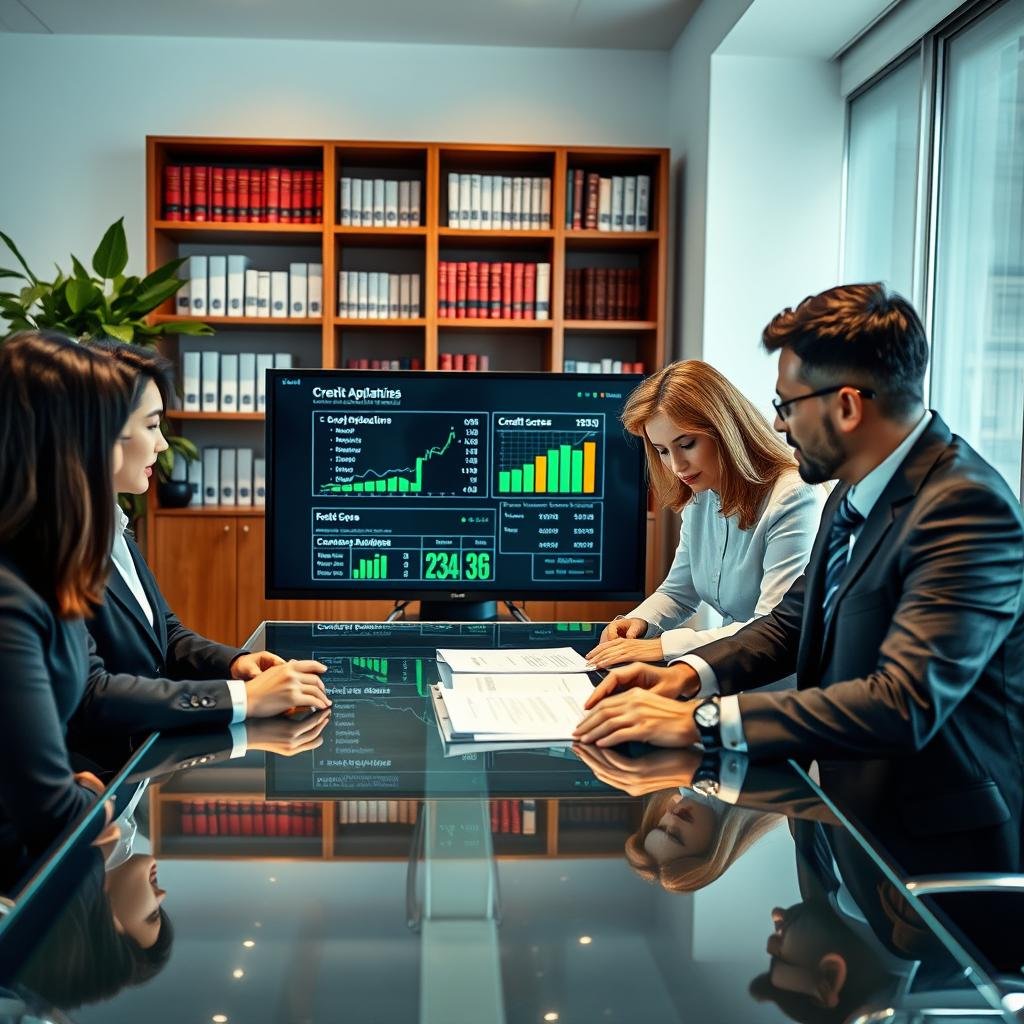 An office setting showcasing the process of credit analysis. In the foreground, a diverse group of professionals in formal business attire are engaged in discussing credit applications, with one person analyzing a document at a modern glass table. The middle ground features a digital screen displaying graphs and credit scores, illuminated by soft ambient lighting. In the background, shelves filled with financial books and a large potted plant add a touch of greenery. The scene is captured with a slight depth of field, highlighting the professionals' expressions of focus and determination. The atmosphere is bright and productive, reflecting a sense of trust and professionalism in financial decision-making.