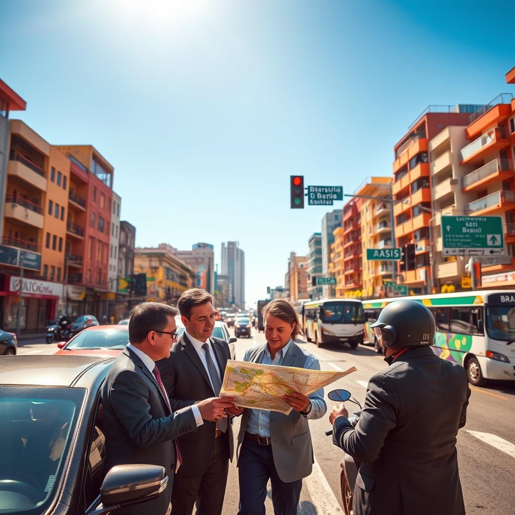 A bustling Brazilian street scene, showcasing diverse vehicles in a vivid display of Brazilian traffic. In the foreground, a group of well-dressed individuals, including a businessman and a tourist, are attentively studying a map and discussing. The middle ground features cars, motorcycles, and buses navigating a busy intersection, with traffic signals and road signs clearly visible. In the background, colorful buildings typical of Brazilian architecture stand tall under a bright blue sky. The sunlight casts warm, natural tones, giving the scene an inviting feel. Capture the essence of daily life in Brazil, highlighting the importance of understanding local traffic regulations. Use a wide-angle lens to convey the liveliness and density of the street while maintaining a clear focus on the figures in the foreground.