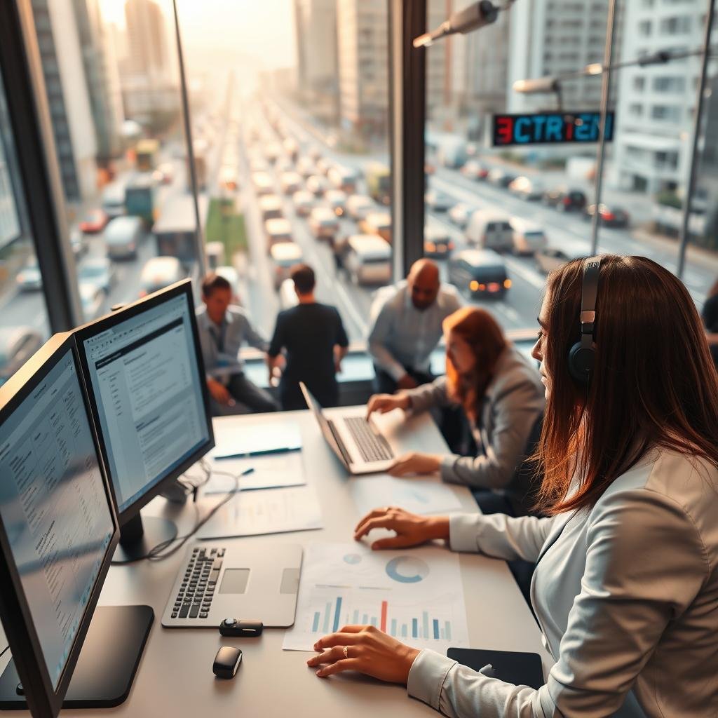 A busy Detran Goiás office environment, highlighting the challenges faced by the organization. In the foreground, a professional woman in business attire is focused on her computer, analyzing multiple online service requests. In the middle ground, employees engage in discussions around a large table with papers, laptops, and charts depicting traffic statistics and digital service usage trends. The background features a large window revealing a bustling cityscape of Goiânia with blurred vehicle traffic. Soft, natural light streams in, casting a warming glow over the scene, creating a sense of urgency and focus. The atmosphere conveys a blend of determination and problem-solving, with a modern, organized office feel, emphasizing the theme of overcoming challenges in public service.