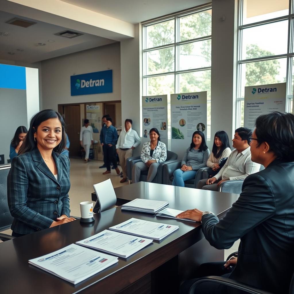 A busy, professional Detran office in Ceará, featuring a welcoming reception area with a smiling attendant in modest business attire assisting a diverse group of clients. In the foreground, show a sleek reception desk with documents and identification papers neatly displayed. The middle ground includes clients waiting in a comfortable seating area, displaying a sense of anticipation. The background features large windows allowing natural light to illuminate the space, highlighting official Detran signage and informative posters about services offered. The atmosphere is organized and efficient, conveying a sense of professionalism and community service. The composition captures the essence of public service, focusing on accessibility and support, with a calm and reassuring color palette.