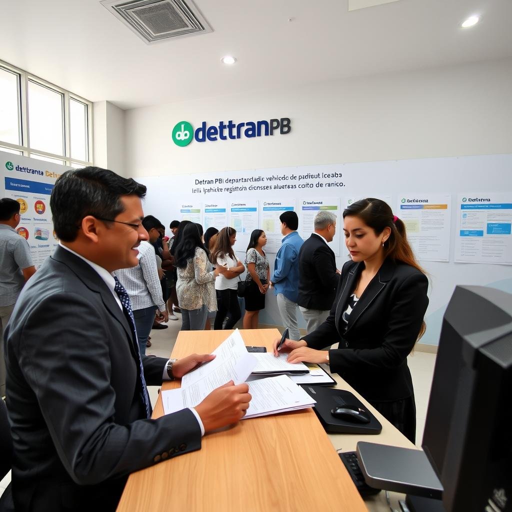 A busy scene inside the Detran PB (Departamento Estadual de Trânsito da Paraíba) office, showcasing a reception area where people are being assisted with their vehicle registration and license inquiries. In the foreground, a friendly clerk in professional attire is helping a young woman, both focused on the paperwork between them. The clerk's desk is organized with documents and a computer, while the woman, dressed modestly, looks engaged. In the middle ground, additional customers wait in line, showcasing a diversity of individuals quietly conversing. The background features a large wall displaying Detran PB branding and informational posters. Soft, natural lighting filters through large windows, creating a calm and professional atmosphere, with a hint of bustling activity represented by the people present. The angle is slightly elevated to capture the interactions and the environment effectively.
