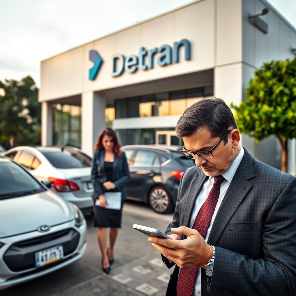 A busy scene outside a Detran office in Goiás, Brazil, showcasing a modern building with clear signage indicating "Detran." In the foreground, a professional man dressed in business attire is using his smartphone to check vehicle debt status, appearing focused and serious. To the left, a well-dressed woman is consulting with an official, both appearing engaged in a discussion about vehicle registration and debts. The middle ground features a few parked vehicles, some registered plates visible, hinting at diverse car models. The background includes trees and a calm sky, giving a sense of a busy but organized atmosphere. Soft natural lighting casts gentle shadows, creating a professional yet approachable mood. The angle is slightly elevated, providing a comprehensive view of the interaction among people and the building.