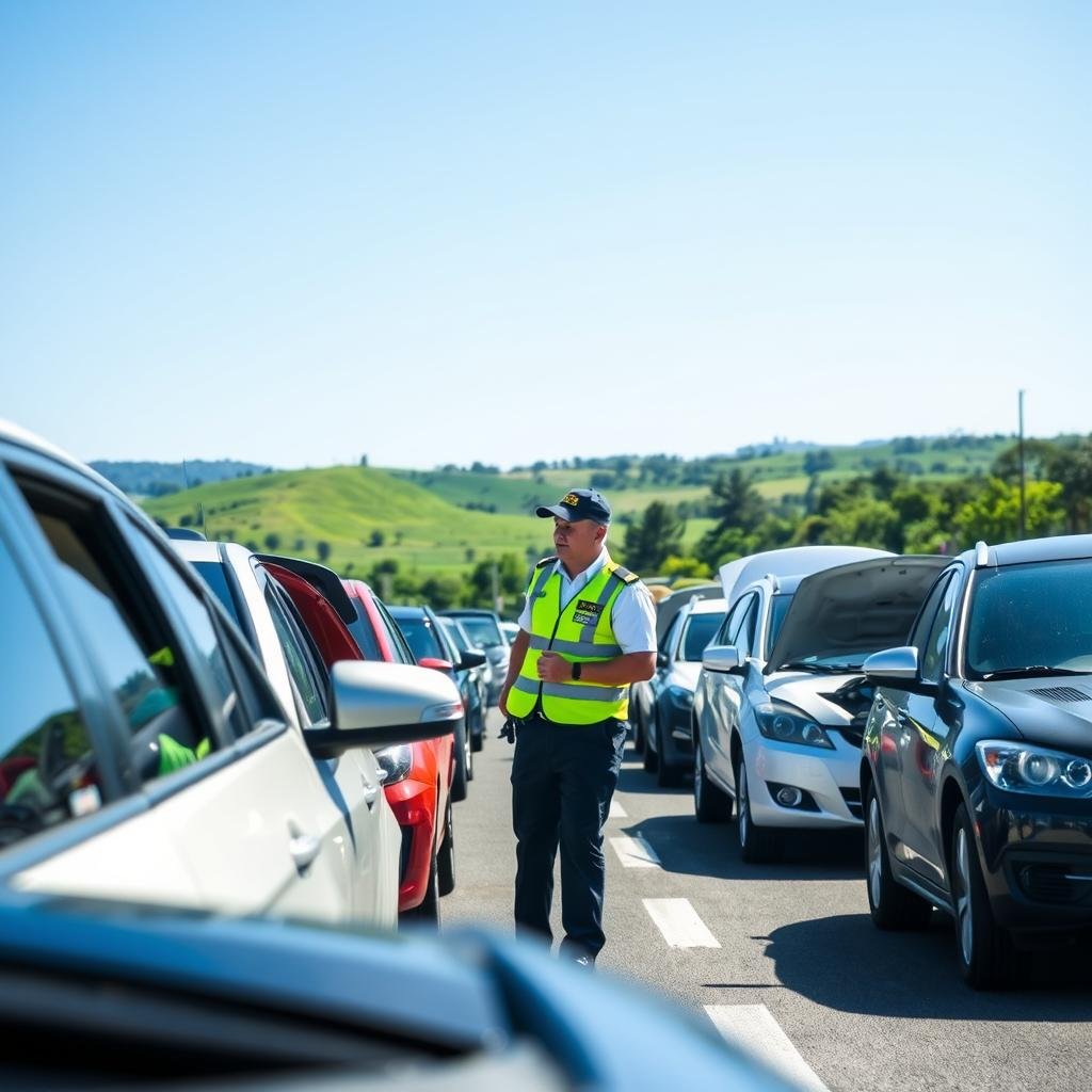 A busy traffic inspection scene in Santa Catarina, showcasing a professional traffic officer in a bright uniform conducting a vehicle check. The foreground features the officer interacting with a driver, both appearing focused and engaged. In the middle ground, various vehicles are lined up, some with open hoods, and others parked along a roadside. Surrounding the area is lush green landscape typical of Santa Catarina, with hills and trees in the background under a clear blue sky. The lighting is bright and sunny, casting soft shadows on the ground. The atmosphere is professional and organized, emphasizing the importance of road safety and compliance.