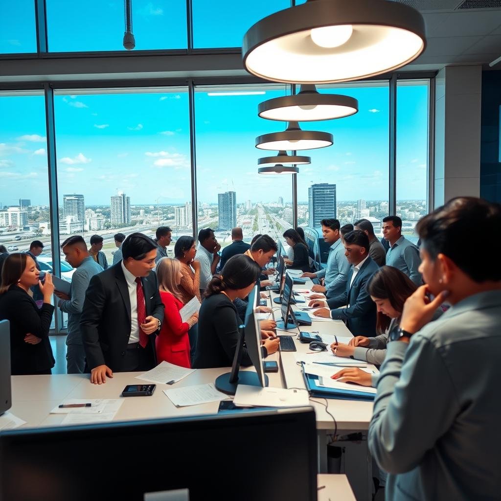 A busy vehicle registration office in Brazil, capturing the essence of the Detran PB emplacamento processo. In the foreground, a diverse group of individuals in professional attire engaged in discussions and processing paperwork, representing both locals and foreign visitors. In the middle, sleek desks lined with computers, forms, and vehicle registration documents, illuminated by bright overhead lights. The background features a large window displaying a view of the cityscape, accentuated by a clear blue sky. Subtle reflections of vehicles parked outside can be seen, suggesting a sense of movement and urgency. The overall atmosphere conveys organization and professionalism, with natural lighting creating a welcoming feel. The angle is slightly elevated, providing a comprehensive view of the bustling registration environment.