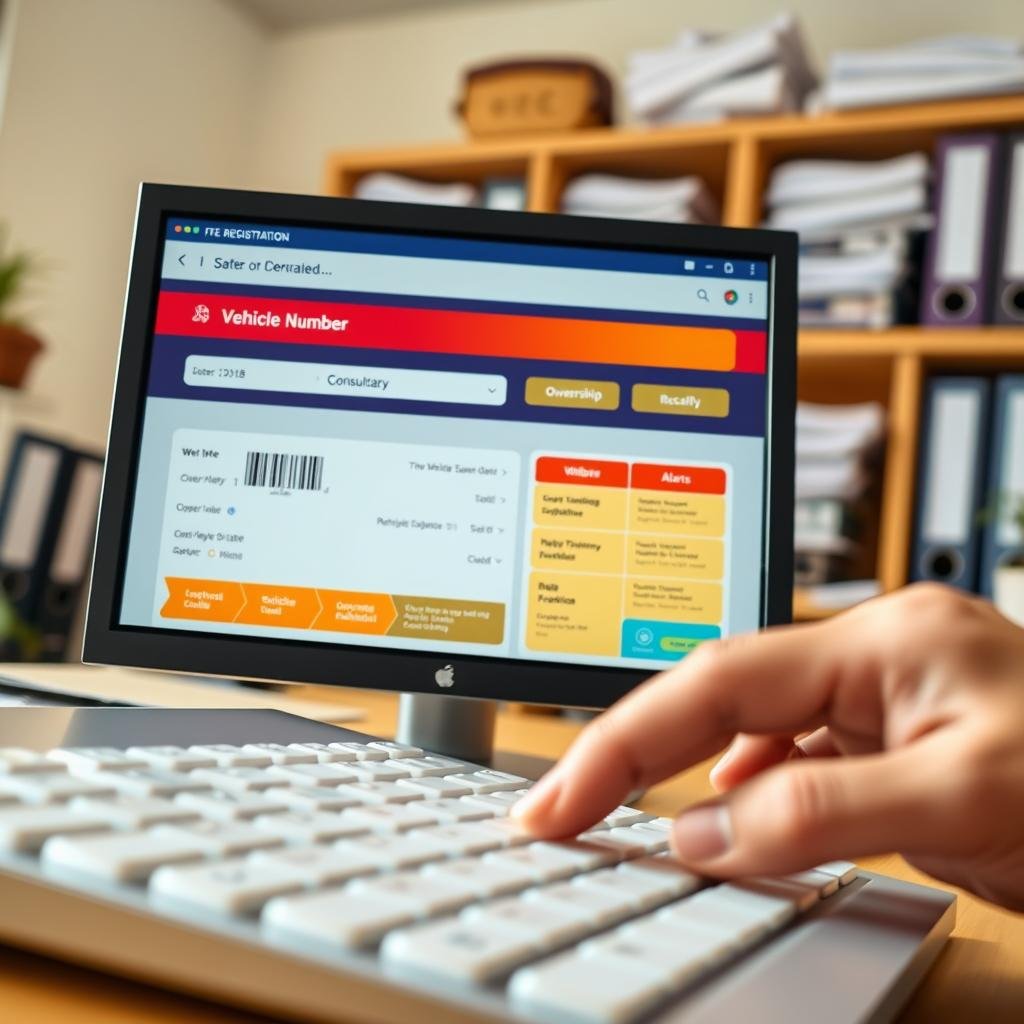 A close-up depiction of a computer screen displaying a detailed vehicle registration search interface, showcasing the "Consultation" feature with highlighted fields for entering a license plate number. The foreground features a clear, modern keyboard and a professional hand poised above the keys, suggesting user interaction. In the middle ground, emphasize the vibrant, user-friendly interface with stylish design elements and color-coded sections that indicate vehicle history, ownership details, and relevant alerts. The background softly blurs to reveal a cozy office environment with shelves of binders and documents related to vehicle registration. The lighting is bright yet warm, creating an inviting atmosphere. The image aims to convey professionalism, clarity, and the importance of accessing vehicle history in informed decision-making.