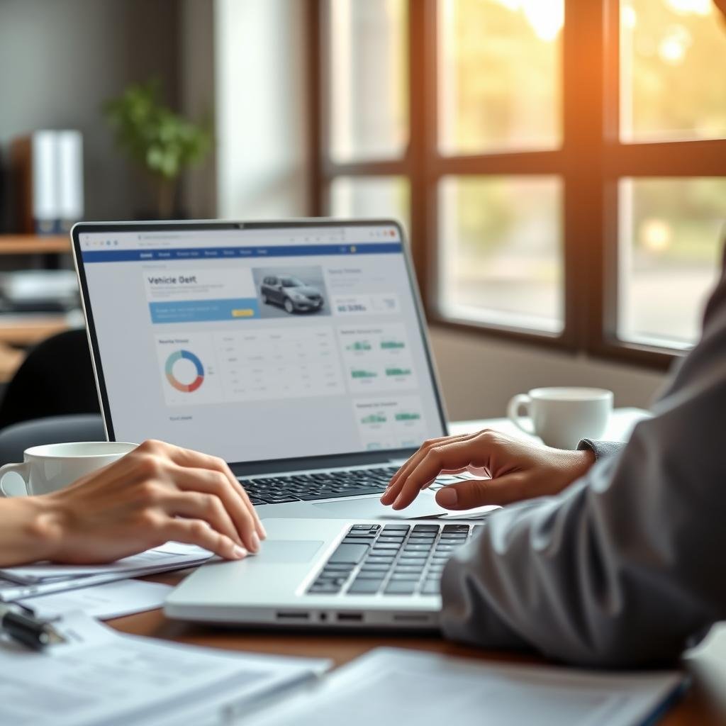 A close-up image of a professional-looking person sitting at a well-organized desk, intently using a laptop to check vehicle debt information with a DETRAN website on the screen. The foreground features the person's hands on the keyboard, with paperwork and a coffee cup beside them, emphasizing productivity. In the middle, the laptop screen displays a clear and colorful interface with financial details and charts in a user-friendly layout. The background shows a modern office setting with soft natural light filtering through a window, casting a warm glow. The mood should be focused and reassuring, reflecting a sense of guidance and preparation for avoiding unexpected financial issues related to vehicle debts.