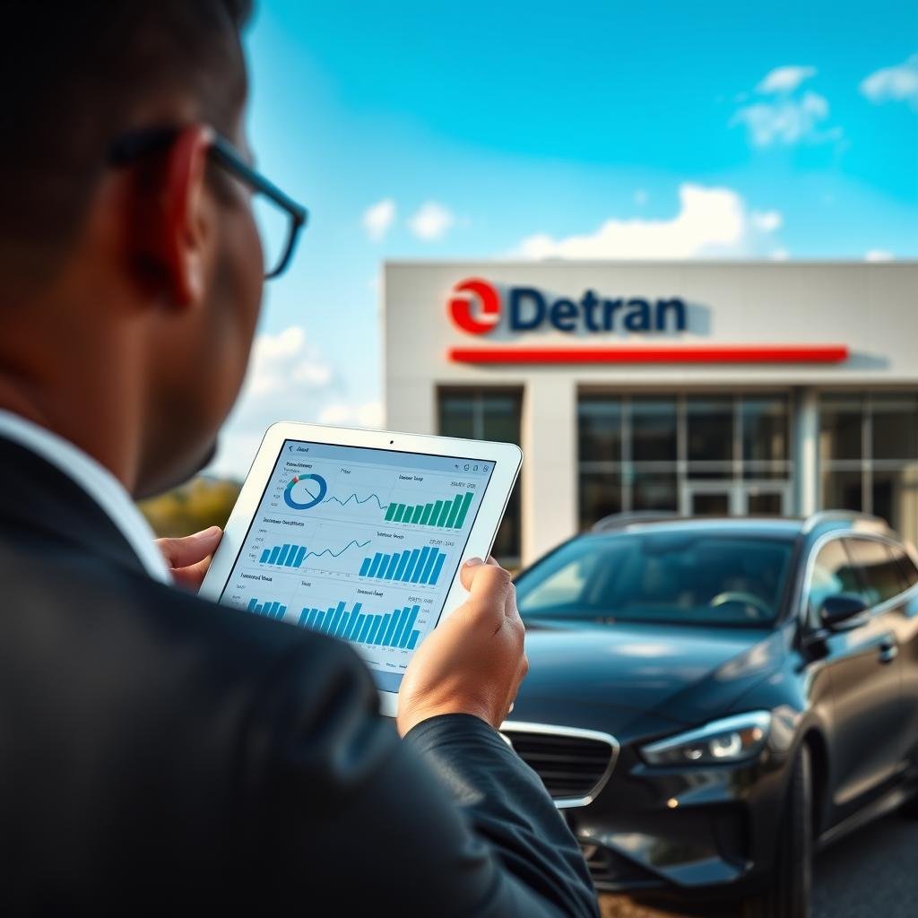 A close-up image representing vehicle financial debits, depicting a sleek, modern car parked in front of a Detran office. In the foreground, a professional individual, dressed in formal business attire, is holding a tablet displaying financial charts and status of vehicle debts. The middle layer features a clear view of the Detran office building, showcasing its modern architecture with the logo prominently displayed. The background shows a bright blue sky with a few clouds, creating a fresh and optimistic atmosphere. Soft, natural lighting emphasizes the details, and the scene is captured from a slightly elevated angle to give depth and focus to the interaction between the person and the vehicle. The overall mood is professional and informative, evoking a sense of urgency and resolution in addressing vehicle debts.