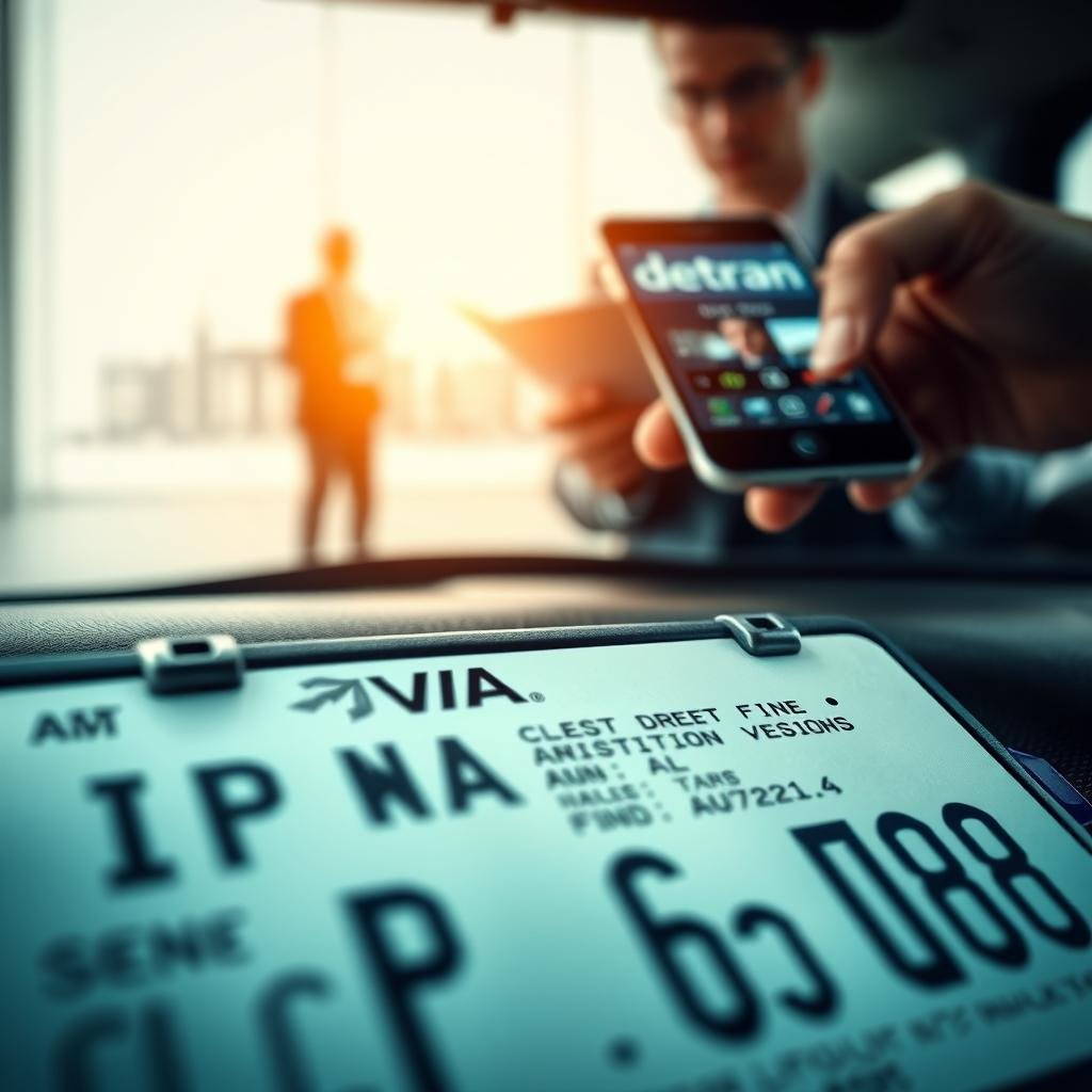 A close-up of a driver's license plate with emphasis on the registration details, including a digital display showing 'IPVA' and associated fines. In the foreground, a hand holding a smartphone is scanning the license plate for information. The middle layer features a blurred office environment, suggesting a Detran setting, with a professional individual in business attire interacting with official documents. In the background, soft lighting creates a calm atmosphere, highlighting a municipal building silhouette. The scene is captured from a slightly elevated angle, creating a sense of professionalism and authority, reflecting the serious nature of vehicle fines and their implications. The overall mood is informative and straightforward, conveying the importance of vehicle registration and compliance.