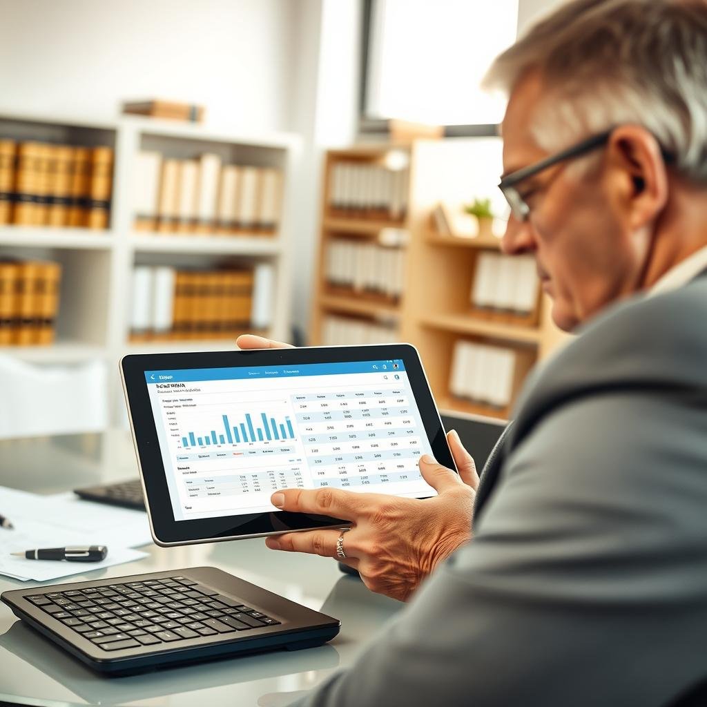 A close-up of a professional business consultant in a modern office setting, examining a digital tablet displaying details of vehicle debts or dues from a government database. In the foreground, the consultant, a middle-aged person wearing a smart blazer, looks focused, with a keyboard and paperwork scattered on a sleek desk. In the middle, the tablet screen shows graphs and numerical data related to Detran debt queries. The background features a softly blurred view of office shelves filled with legal books and a window that lets in soft, natural light, casting warm tones in the room. The atmosphere is serious yet optimistic, conveying a sense of clarity and professionalism in resolving issues related to Detran inquiries.