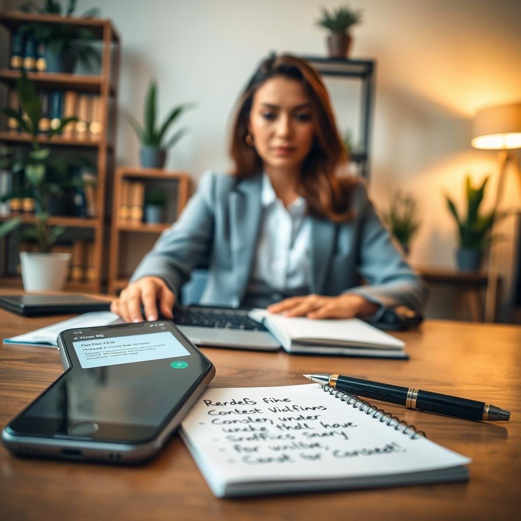 A close-up scene of a professional woman in business attire, seated at a modern desk with a laptop open, displaying a website about traffic violations, particularly related to Detran SC. In the foreground, a smartphone with a notification visible, indicating a traffic fine alert. The middle ground features a notepad with handwritten details about contesting fines and a stylish pen. The background showcases a softly lit office environment with shelves filled with legal books and plants, creating a calm yet focused atmosphere. The lighting should be warm and inviting, with a slight depth of field that softly blurs the background, emphasizing the woman’s expression of concentration and determination.