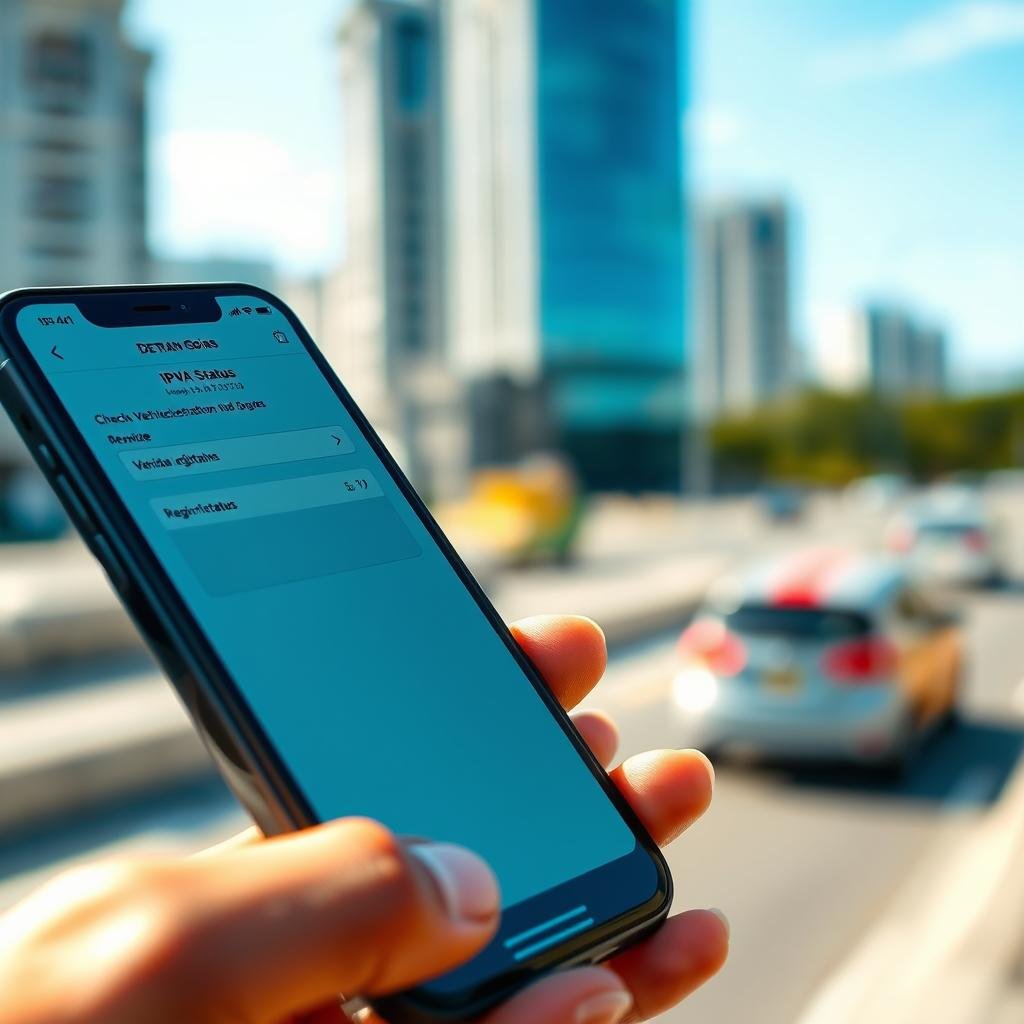 A close-up view of a person using a smartphone to check vehicle registration and IPVA status on a digital platform related to Detran Goiás. The foreground highlights the smartphone's screen, displaying an interface that clearly shows the IPVA query process. The middle layer features the person's hands holding the phone, depicted in professional attire, suggesting focus and engagement. In the background, a blurred cityscape of Goiânia, Brazil, can be seen, with modern buildings and a clear blue sky, creating an optimistic atmosphere. Bright, natural lighting illuminates the scene, emphasizing the importance of technology in everyday life. The overall mood is one of determination and clarity in navigating vehicle administration in Goiás.