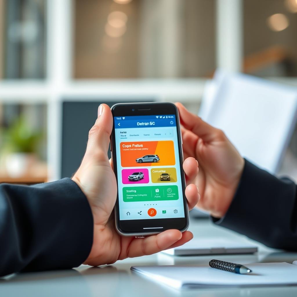 A close-up view of a smartphone displaying the Detran SC vehicle status consultation interface, set against a soft-focused backdrop of an office environment. The foreground features the screen with vibrant colors, showing a clean, user-friendly layout with car details and status indicators. In the middle ground, a pair of professional hands, wearing modest business attire, holds the phone, symbolizing diligence and attention to detail. Soft, natural lighting illuminates the scene, suggesting a calm, focused atmosphere. In the background, blurred office items like a computer and a notepad can be faintly seen, indicating a space where important vehicle consultations are conducted. This composition conveys the importance of proper vehicle status checks without any text or distractions.