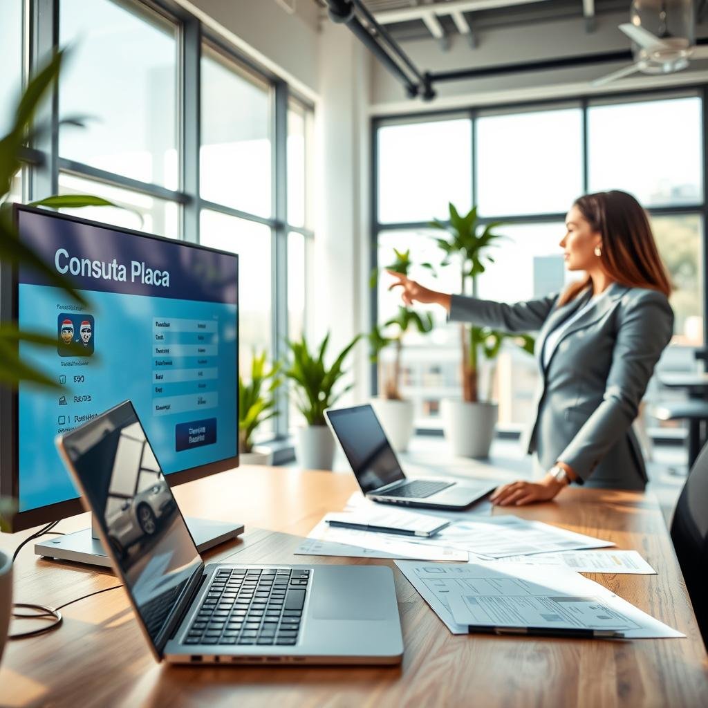 A detailed and informative scene depicting a digital screen displaying vehicle information with the words "Consulta Placa" prominently featured. In the foreground, a professional individual, dressed in business attire, is actively engaged with the screen, pointing at specific details. The middle ground shows an open laptop and documents spread out, highlighting necessary paperwork for vehicle registration. In the background, a modern, bright office environment is visible, with large windows letting in natural light, casting soft shadows. A tasteful arrangement of potted plants adds a touch of greenery. The atmosphere should exude professionalism and clarity, with a focus on technology aiding in vehicle consultation processes. Capture this scene from a slightly elevated angle to emphasize the interaction and documentation.