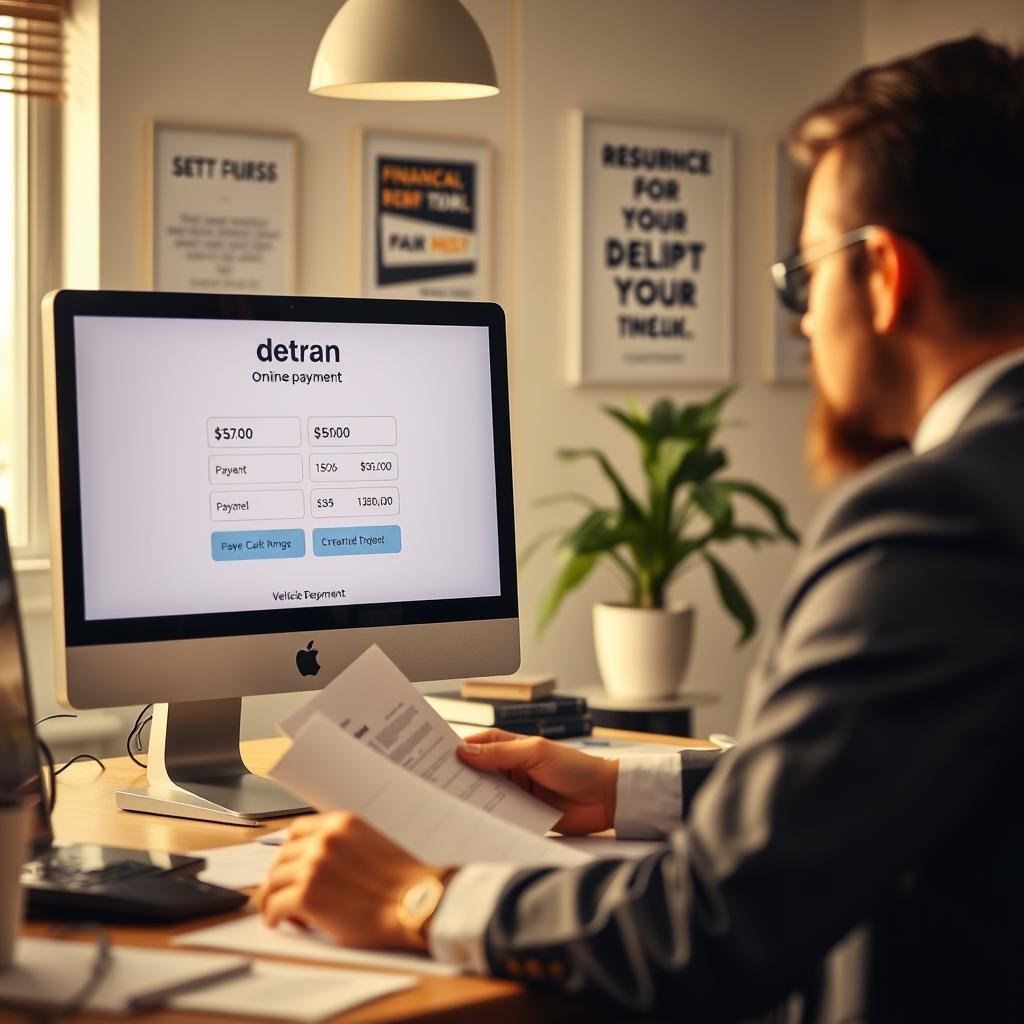 A detailed and organized scene depicting a professional office environment focused on vehicle debt payments. In the foreground, a business professional in attire sits at a desk, reviewing documents and financial statements. The middle layer features a computer screen displaying a simplified interface of the Detran online payment system, with clear buttons for payment options. In the background, a subtle office setting with soft daylight filtering through a window, highlighting a potted plant and motivational posters related to financial responsibility. The atmosphere is focused and productive, conveying a sense of urgency and professionalism. The lighting is warm and inviting, creating a positive yet serious ambiance, emphasizing the importance of timely vehicle debt payments.