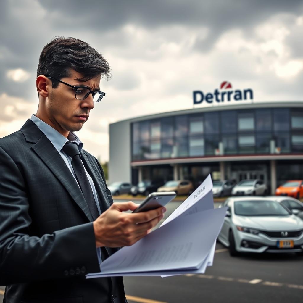 A detailed and visually striking scene depicting the concept of vehicle debt in São Paulo's Detran. In the foreground, a worried individual dressed in professional business attire is examining documents and a smartphone, with a somber expression. In the middle ground, a large, modern building representing the Detran, featuring its logo prominently, with vehicles lined up outside. The background showcases a cloudy sky, creating a serious mood, while soft ambient light casts gentle shadows. A subtle focus effect highlights the concerned individual, drawing the viewer's attention to the implications of unpaid vehicle debts. The overall atmosphere conveys urgency and the importance of financial responsibility.