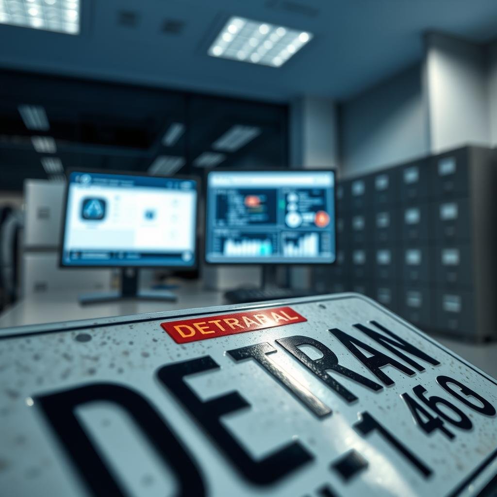 A detailed close-up of a Brazilian vehicle license plate, prominently displaying the "DETRAN" logo and vehicle registration details. The plate should be positioned in the foreground, capturing textures and reflective surfaces for a realistic effect. In the middle ground, illustrate a blurred bureaucratic office setting, suggestive of an environment where vehicle consultations occur. Include a sleek computer screen showing vehicle registration details, indicating system updates, with a soft, cool blue lighting to convey a professional atmosphere. The background should feature modern office elements, like filing cabinets and subtle shadows, enhancing the sense of a contemporary administrative space. The overall mood should reflect efficiency and clarity, inviting the viewer to engage with the information presented.