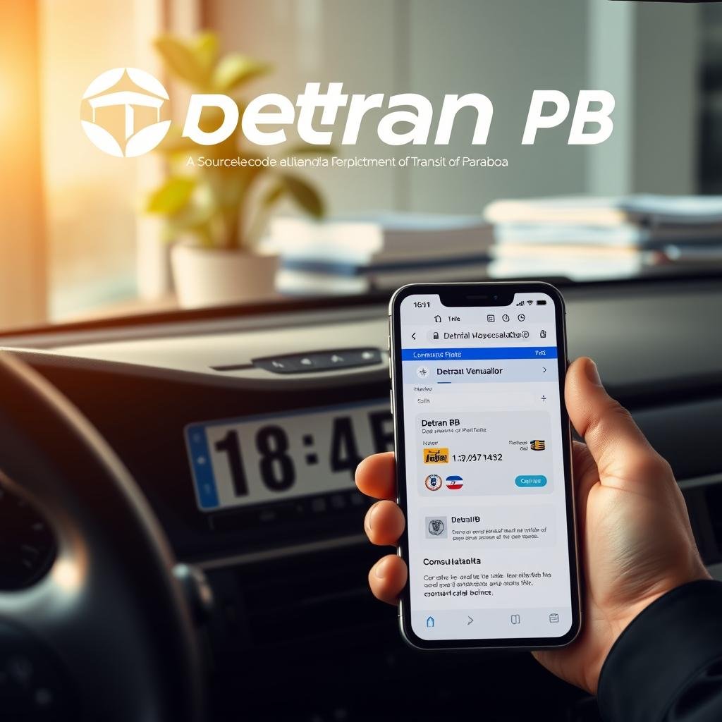 A detailed close-up of a modern Brazilian vehicle's license plate showcased on the dashboard of a car, with the Detran PB (Department of Transit of Paraíba) logo subtly incorporated in the background. The scene is illuminated by soft, natural light filtering through a window, creating a warm and inviting atmosphere. A hand in a professional business attire is gently pointing at the license plate while a smartphone displays a Detran PB consultation webpage next to it. In the background, a blurred view of an office setting with a plant and neatly stacked documents conveys a sense of organization and accessibility. The composition should evoke a feeling of professionalism and clarity, aiding in the understanding of vehicle consultation processes.