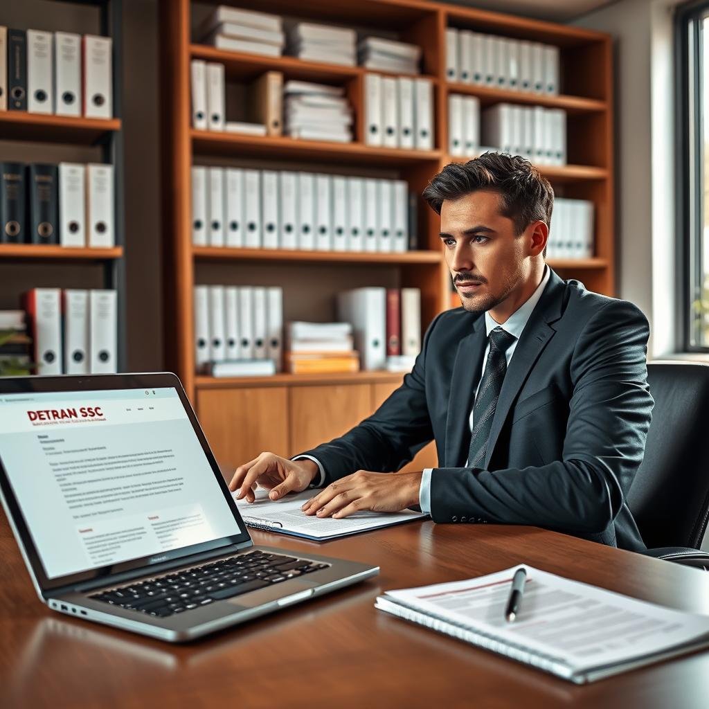 A detailed depiction of a professional office environment showcasing the online debt consultation service of DETRAN SC. In the foreground, a well-dressed businessperson, focused and engaged, is seated at a modern desk with a laptop open, displaying a clear interface of the DETRAN website. The middle ground features documents and a notepad with notes related to debt processes, emphasizing organization. In the background, shelves filled with neatly arranged books and documents give depth and context, while a large window infuses the space with natural light, creating a warm and inviting atmosphere. The composition is balanced, shot from a slightly elevated angle to capture both the person and the workspace, conveying professionalism and efficiency in automobile debt management.