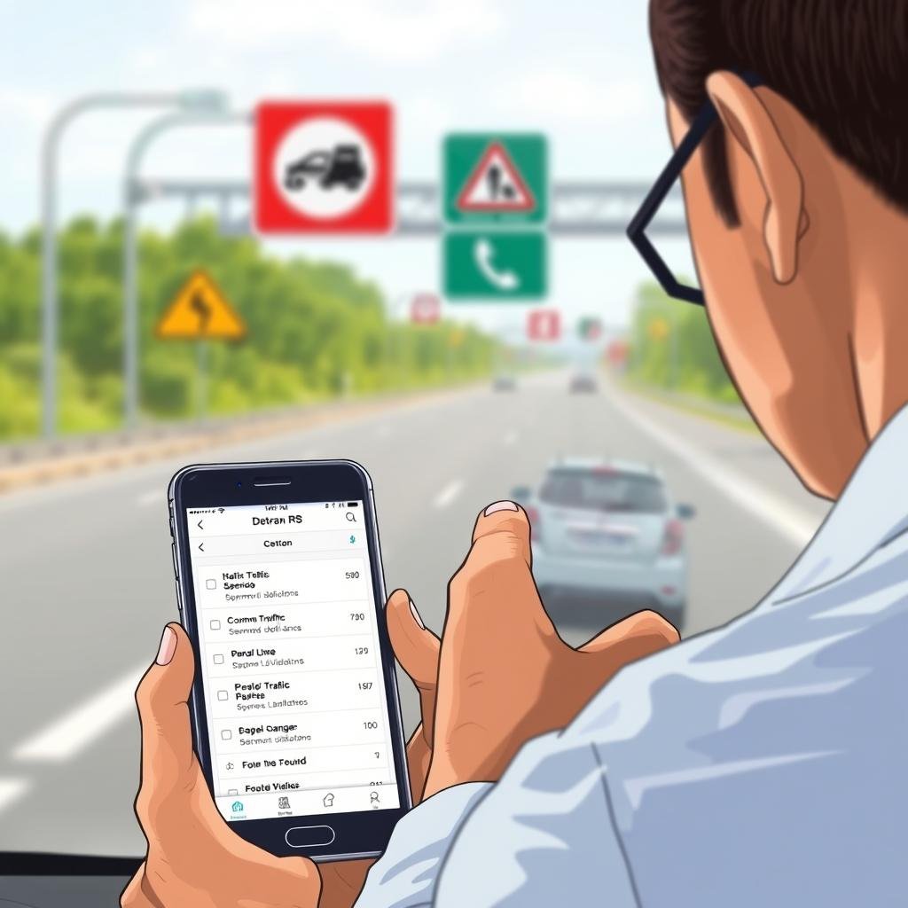 A detailed digital illustration that captures the concept of checking traffic violations in Brazil, specifically focusing on the Detran RS. In the foreground, a close-up of a smartphone displaying the Detran RS app, with a screen showing a list of common traffic fines. In the middle ground, depict a professional individual, dressed in smart casual attire, intently reviewing the app with a slightly furrowed brow, symbolizing the seriousness of traffic regulations. The background features a blurred, sunny Brazilian highway with road signs indicating common violations, such as speeding and improper lane changes. The lighting is bright and clear, evoking a sense of attentiveness and responsibility while creating a calm, informative atmosphere. The composition is dynamic yet straightforward, emphasizing the importance of road safety.