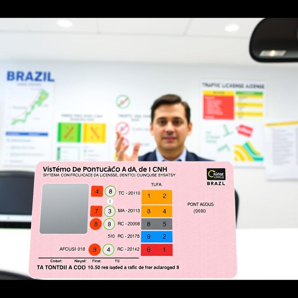 A detailed illustration of the "Sistema de Pontuação da CNH" (Driver's License Points System) in Brazil. In the foreground, display a section of a driver's license featuring clear point indicators, with color-coded sections representing different point values for various traffic violations. In the middle ground, show a professional-looking individual in business attire explaining the system, gesturing towards the license. The background should depict a simple, modern office environment with charts and graphics illustrating traffic violations and penalties. The lighting is bright and well-distributed, emphasizing clarity and professionalism. The overall mood should be informative and engaging, creating a sense of authority on the traffic regulations in Brazil.