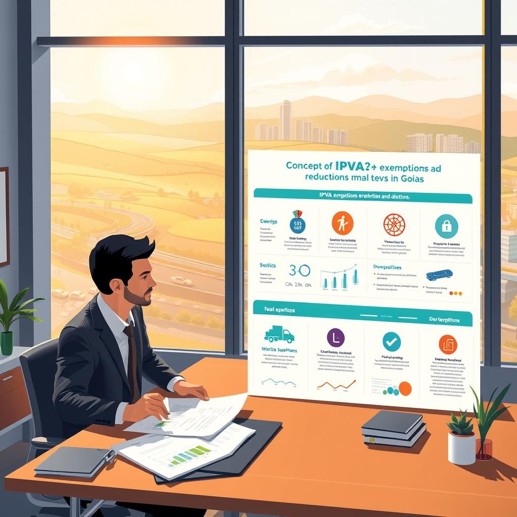 A detailed illustration of the concept of IPVA exemptions and reductions in Goiás. In the foreground, depict a well-organized office scene with a professional business person, dressed in formal attire, reviewing IPVA documents and charts on a desk. In the middle ground, showcase a large, clear infographic highlighting key statistics and benefits of IPVA exemptions and reductions, illustrated with colorful icons and symbols representing vehicles and taxes. In the background, incorporate a large window with a view of Goiás's rolling hills and modern cityscape, illuminated by warm, natural light, creating a positive and informative atmosphere. The overall mood should be professional and optimistic, emphasizing clarity and accessibility of the information.