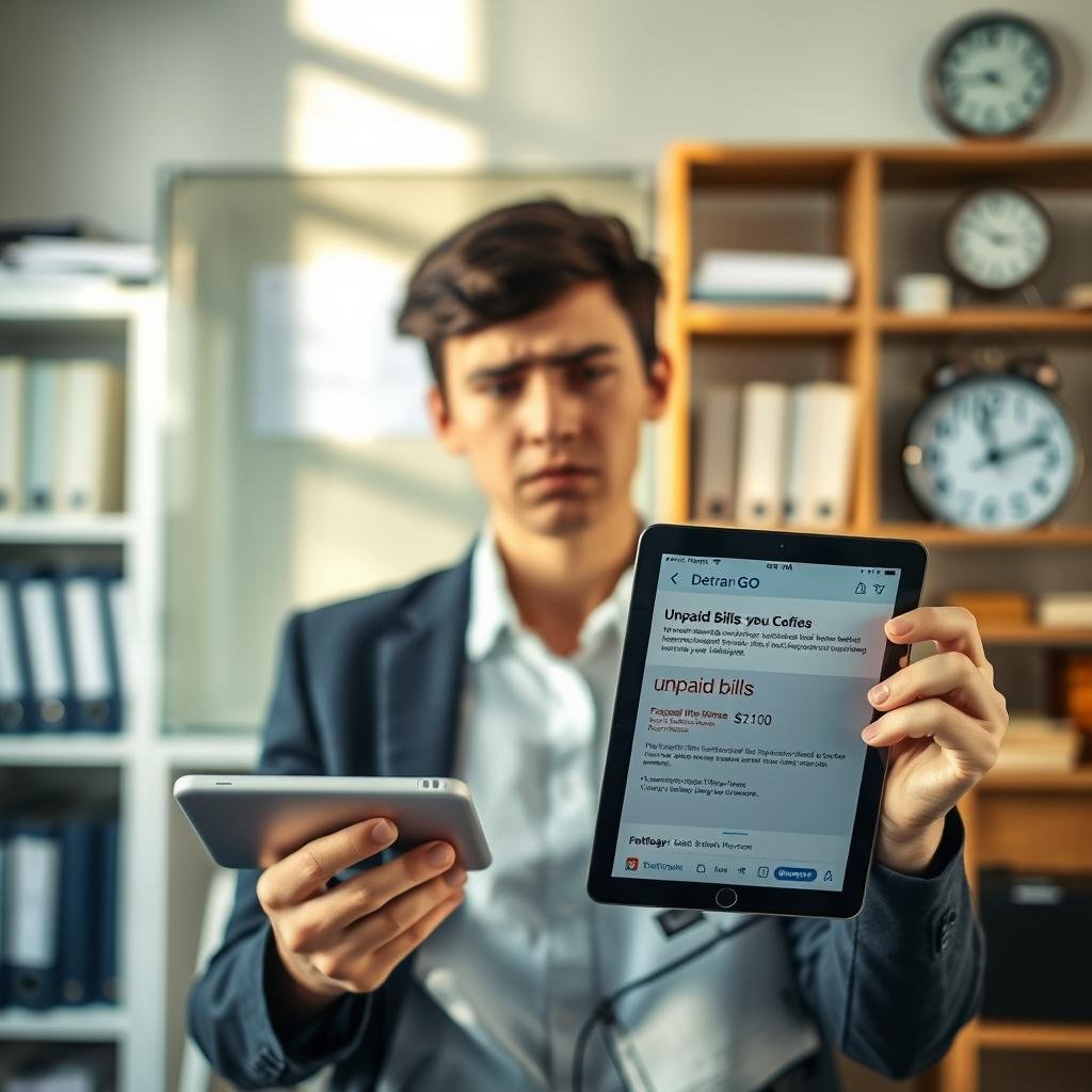 A detailed, informative scene illustrating the impacts on a driver's license (CNH) due to financial debts. In the foreground, a close-up of a concerned young adult wearing business casual attire, holding a CNH with a worried expression. In the middle ground, a digital tablet displaying unpaid bills and Detran GO notifications. In the background, a blurred office setting with shelves filled with legal documents and a clock emphasizing time running out. Soft, natural lighting casts gentle shadows, creating a thoughtful atmosphere. The image conveys urgency and concern regarding the consequences of financial debts on driving privileges, with a focus on professionalism and clarity.