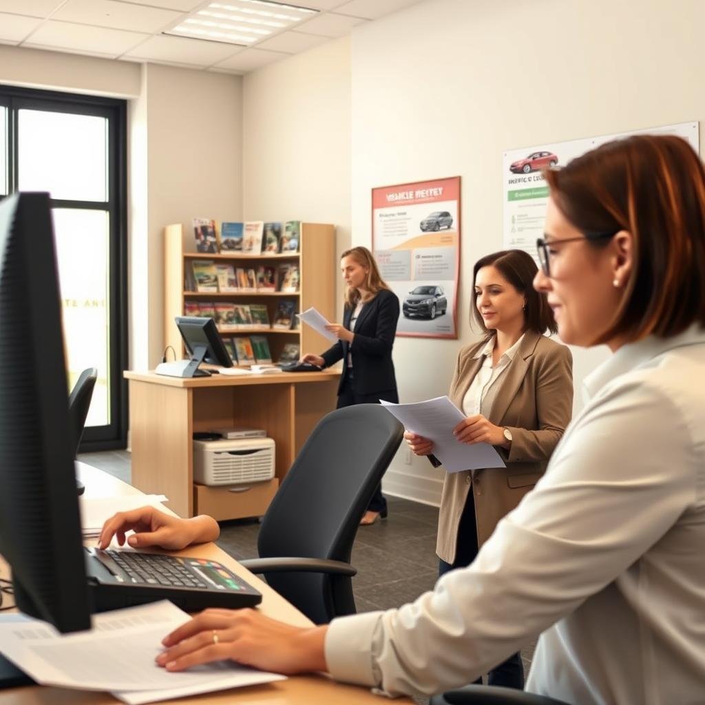 A detailed office scene depicting a vehicle registration process. In the foreground, a professional working on a computer, wearing business attire, is focused on completing vehicle paperwork with a stack of documents and a calculator beside them. In the middle ground, there is a reception desk with another employee assisting a customer, who appears eager and attentive, while holding vehicle documents. In the background, shelves are filled with automotive brochures and a large poster showing the registration steps. Soft, natural lighting filters through large windows, creating a focused yet welcoming atmosphere. The angle is slightly tilted to capture the engaged atmosphere of the office, representing the efficient process of vehicle registration in a government office setting.