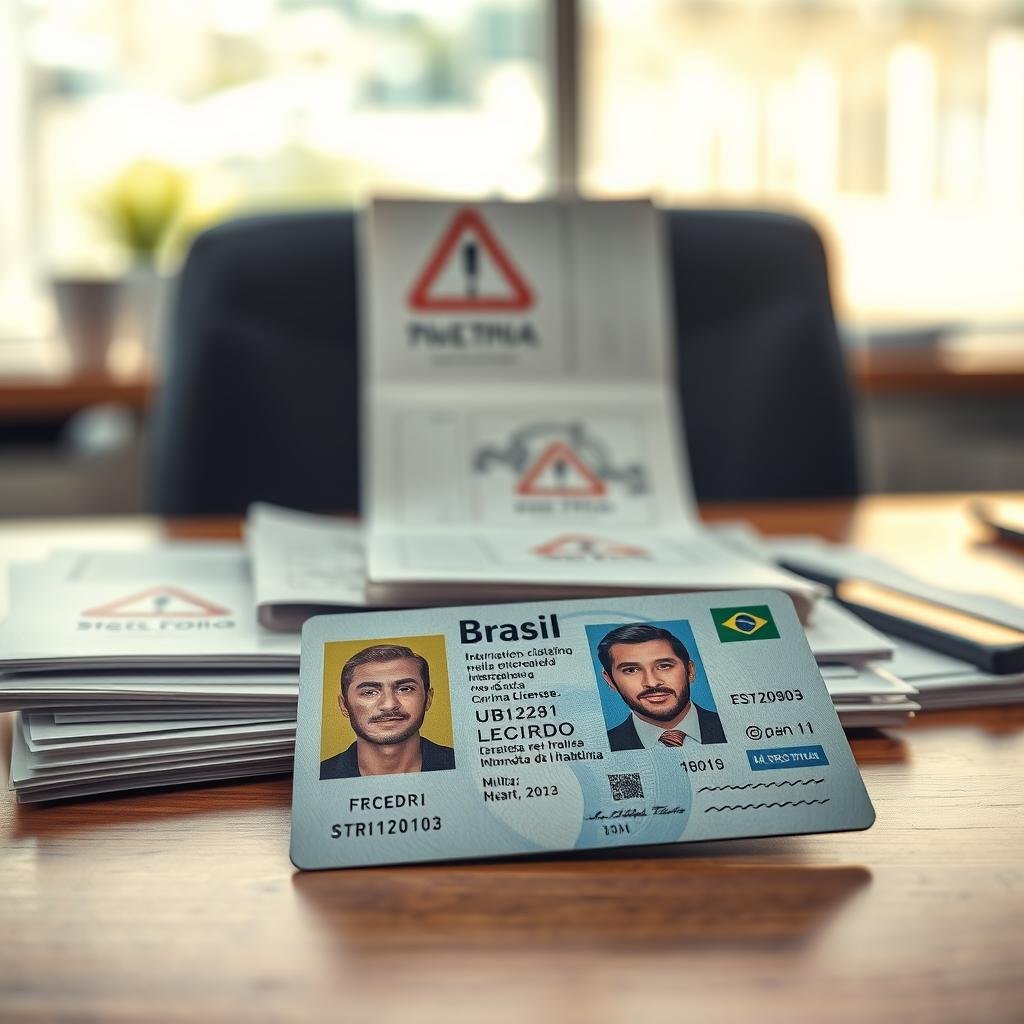 A detailed scene depicting a Brazilian driver's license (habilitation) on a clean wooden desk, surrounded by related documents. In the foreground, the driver’s license features a clear photo of a professional-looking individual in business attire, along with intricate holographic designs that add authenticity. In the middle ground, various traffic violation notices (STTP multas) are neatly arranged, hinting at the concept of avoiding fines. The background showcases a bright office environment with a soft-focus effect, including a window with natural light streaming in, creating a warm and inviting atmosphere. The overall mood conveys professionalism, responsibility, and the importance of staying compliant with traffic rules. The composition is shot from a slightly elevated angle to emphasize the license and documents clearly.