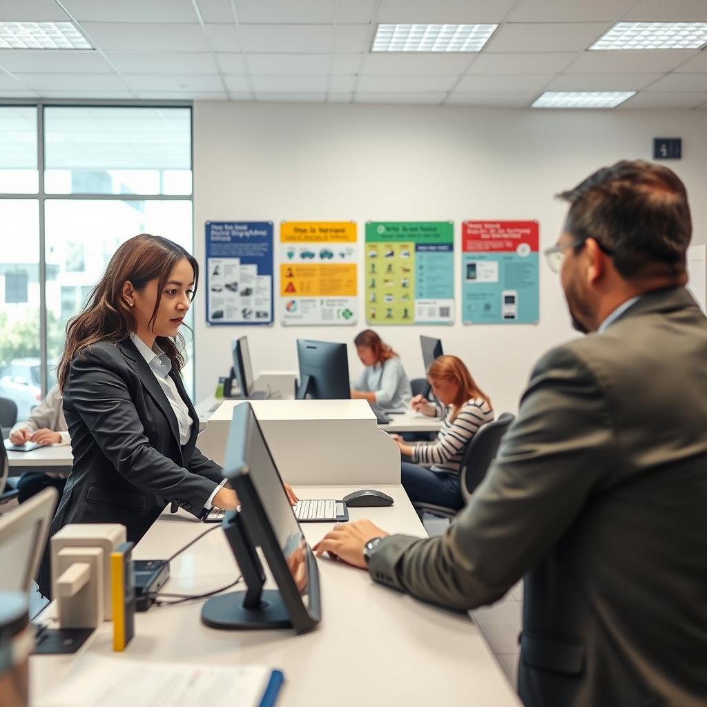 A detailed scene depicting a busy office within the Detran Goiás facility. In the foreground, a professional staff member in business attire is assisting a customer at a reception desk, both engaged in a focused discussion about payment options for IPVA and fines. In the middle ground, several people sit at computers, reviewing their documents, with colorful informational posters about traffic regulations visible on the walls. The background showcases large windows allowing natural light to flood the office, creating a welcoming atmosphere. The overall mood is productive and informative, reflecting the importance of addressing vehicle-related payments and fines. The image should capture clear details of the office environment, with soft lighting to enhance a sense of professionalism.