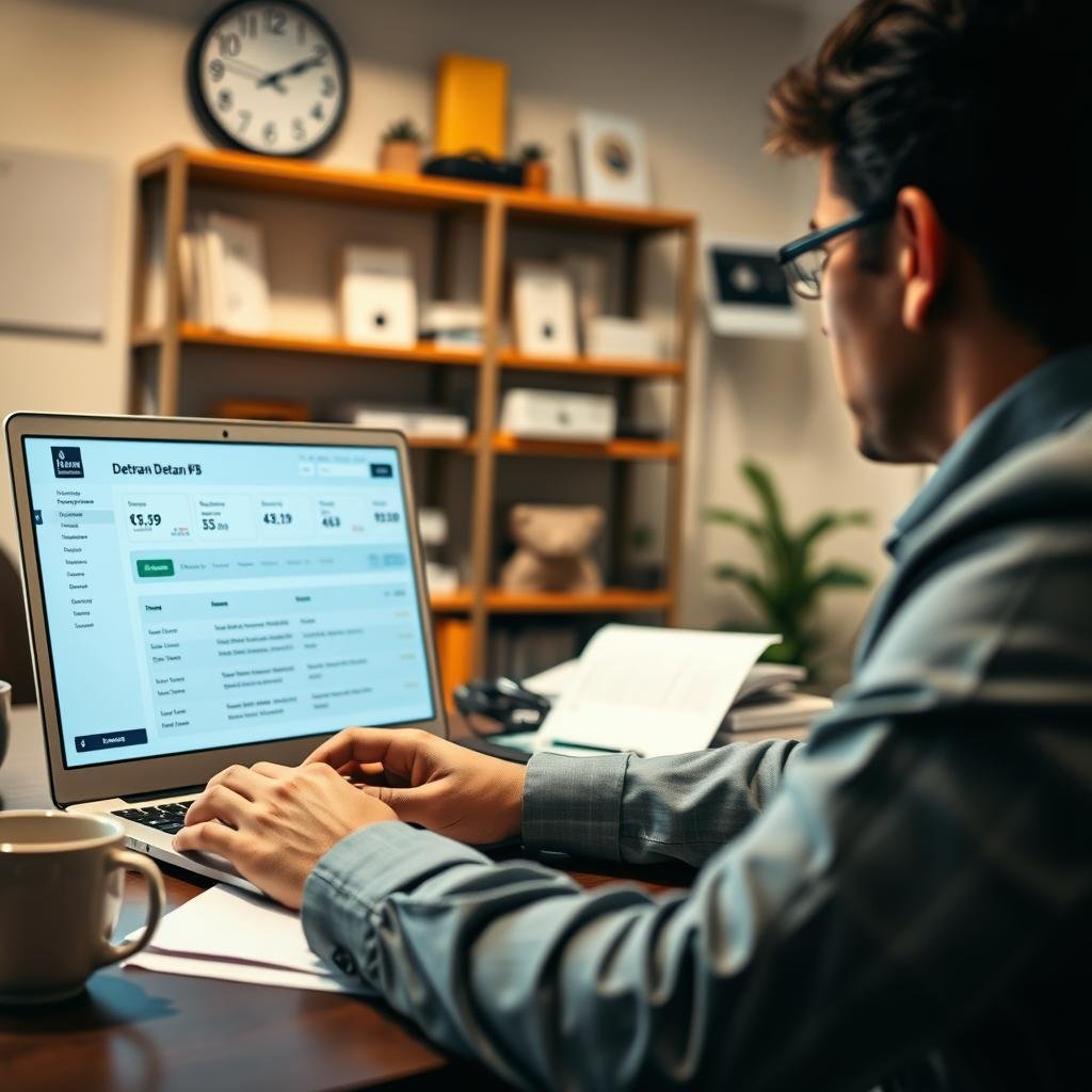 A detailed scene depicting a person in professional business attire sitting at a desk with a laptop open, focused on an online portal displaying vehicle registration information, specifically IPVA debts in Paraíba (PB). The foreground includes the person typing, with a coffee cup and some paperwork neatly arranged. In the middle ground, the laptop screen glows with the digital dashboard of Detran PB, showing financial details and updates. The background features a well-lit office with shelves holding vehicle-related materials and a wall clock. The lighting is warm and inviting, creating a productive atmosphere. The image captures a sense of diligence and organization, reflecting the importance of staying informed about vehicle debts.