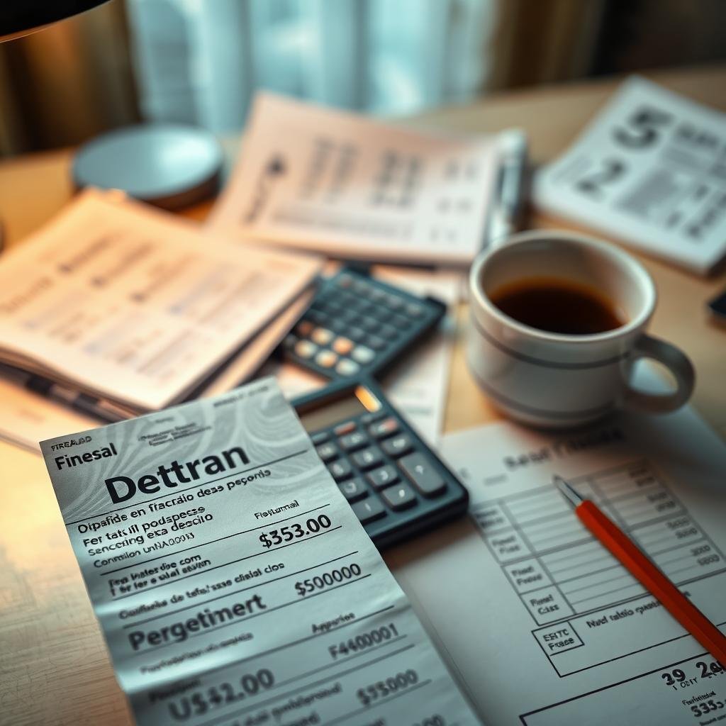 A detailed view of a Brazilian traffic ticket for "Detran PB" displayed prominently in the foreground, with a focus on the fine amount and details clearly visible. In the middle ground, an office desk cluttered with financial documents, a calculator, and a cup of coffee reflects the stress of dealing with fines. In the background, soft lighting creates a calm yet serious atmosphere, utilizing warm tones to contrast the harshness of the fines. The scene is captured with a shallow depth of field, giving a cinematic feel, while maintaining professional aesthetics. No people are present, ensuring the focus remains on the objects and their implications regarding financial conditions related to traffic fines.