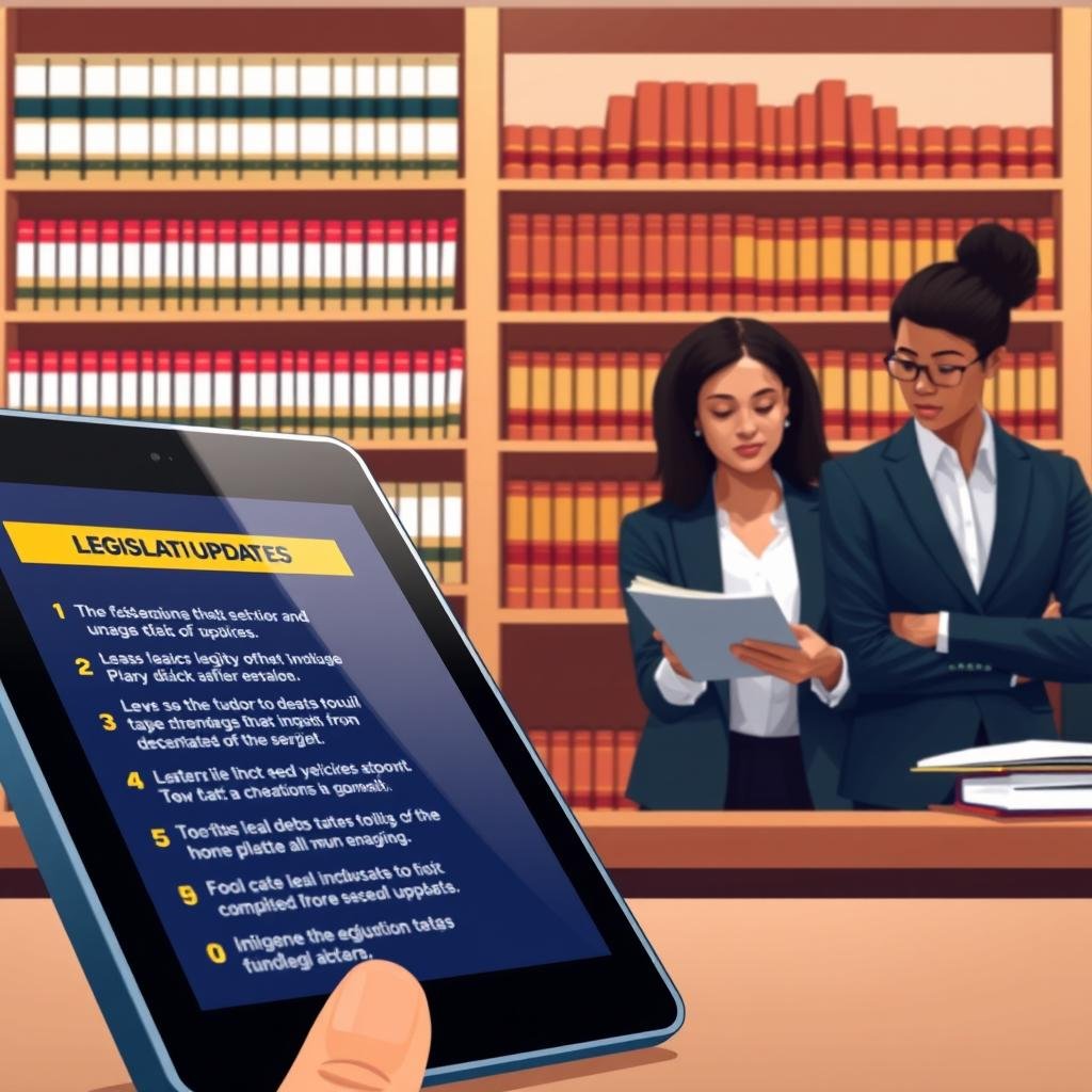 A dynamic and informative illustration depicting the concept of legislative updates related to vehicle debts. In the foreground, feature a detailed close-up of a modern digital device or tablet displaying a list of legal updates, bullet points highlighted in vibrant colors. The middle layer should include a well-dressed professional, a diverse group of two individuals, one presenting information and the other thoughtfully taking notes, set in an office environment. In the background, include shelves filled with law books and legal documents to convey a sense of authority and knowledge. The lighting should be bright and focused, with a warm, inviting atmosphere that emphasizes a productive discussion about legislative matters. The composition should be clear and professional, avoiding any distractions or text overlays.