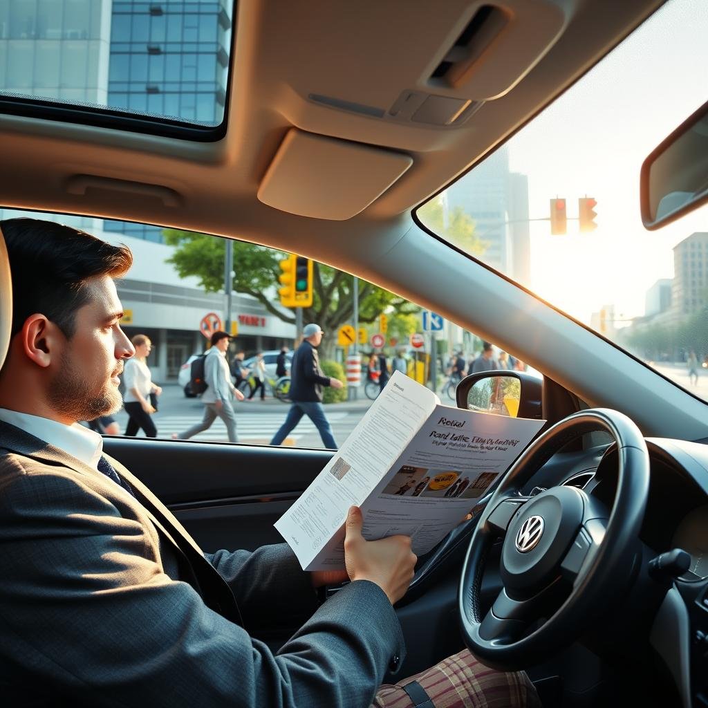 A dynamic scene depicting safe road behavior, highlighting various aspects of road safety. In the foreground, a professional-looking driver in business attire is consulting a road safety guide while sitting in a well-maintained car. The middle ground features a diverse group of pedestrians waiting at a crosswalk, adhering to safety rules, while cyclists utilize dedicated bike lanes. In the background, a vibrant urban landscape showcases clear signage and traffic lights signaling proper conduct. Soft, natural lighting enhances the scene's clarity, with a slight lens flare from the sun illuminating the driver's focused expression. The mood is informative and proactive, emphasizing safety awareness and responsible behavior on the road.