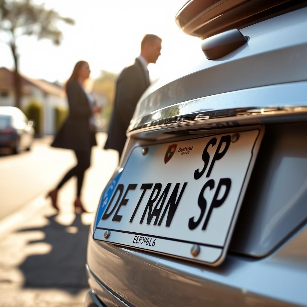 A dynamic scene featuring a modern vehicle license plate from Detran SP, showcasing the distinctive design elements such as the state emblem and registration details. The foreground presents the plate prominently mounted on a sleek, well-maintained vehicle, perhaps a sedan or SUV, gleaming under natural sunlight. In the middle ground, blurred out, there are shadows of people in professional business attire engaging in a vehicle transaction, casting an atmosphere of trust and professionalism. The background includes a tranquil street setting, hinting at a residential or commercial area. Soft, diffused lighting enhances the clarity of the plate while creating a warm, inviting mood, evoking the theme of reliable vehicle checks and transactions.