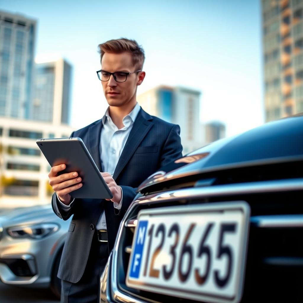 A focused scene depicting a professional, neatly dressed individual in business attire, standing next to a sleek, modern vehicle with a visible license plate. The foreground shows the person holding a tablet, displaying a vehicle registration app and appearing thoughtful. In the middle ground, the vehicle's details, including the state license plate, are emphasized, while the background features an urban setting with blurred office buildings and a clear blue sky, conveying a sense of professionalism and efficiency. Soft natural light bathes the scene, highlighting the person’s engaged expression as they consult the plate details, ensuring a mood of diligence and responsibility in preventing potential issues. The composition is captured from a slightly elevated angle to provide a comprehensive view of both the subject and the vehicle.