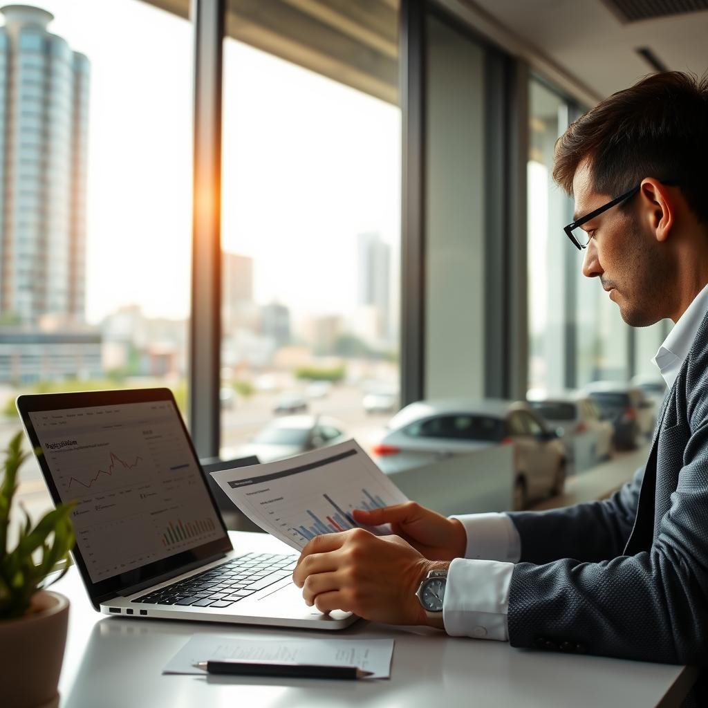 A focused scene depicting a professional setting in Goiás, Brazil, emphasizing vehicle financial management. In the foreground, a person in smart casual clothing, sitting at a desk, studying a vehicle registration document alongside a laptop displaying financial graphs. The middle ground features a large window with a view of a bustling cityscape, symbolizing the importance of urban life and transportation. Soft natural light filters through, creating a warm atmosphere that conveys hope and financial empowerment. In the background, blurred images of parked vehicles line the streets, reinforcing the theme of vehicle ownership and the importance of staying on top of financial obligations. The overall mood is one of determination and responsibility.