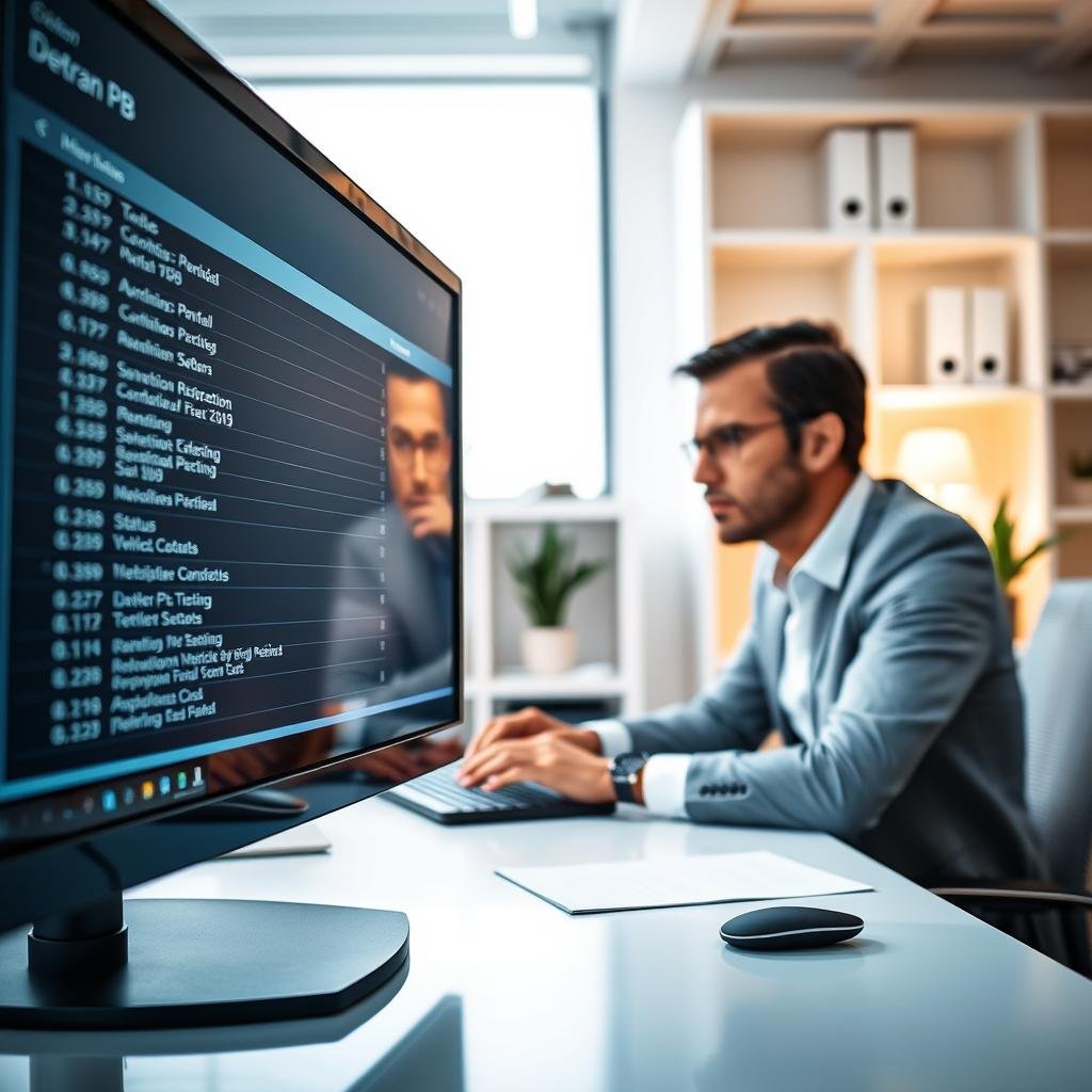 A focused scene illustrating a user consulting vehicle information on a computer screen while seated at a modern desk. In the foreground, a clear view of the monitor displays lines of text showing vehicle details from Detran PB, such as registration number and status. The middle section features a professional-looking individual, dressed in business attire, deeply engaged in interpreting the displayed results. In the background, a softly lit office environment with shelves containing documents and a potted plant adds a touch of warmth. The lighting is bright and inviting, illustrating a productive atmosphere. The angle captures both the screen and the individual, emphasizing the detailed vehicle data. The overall mood should convey clarity, professionalism, and an informative tone, suitable for understanding vehicle status queries.