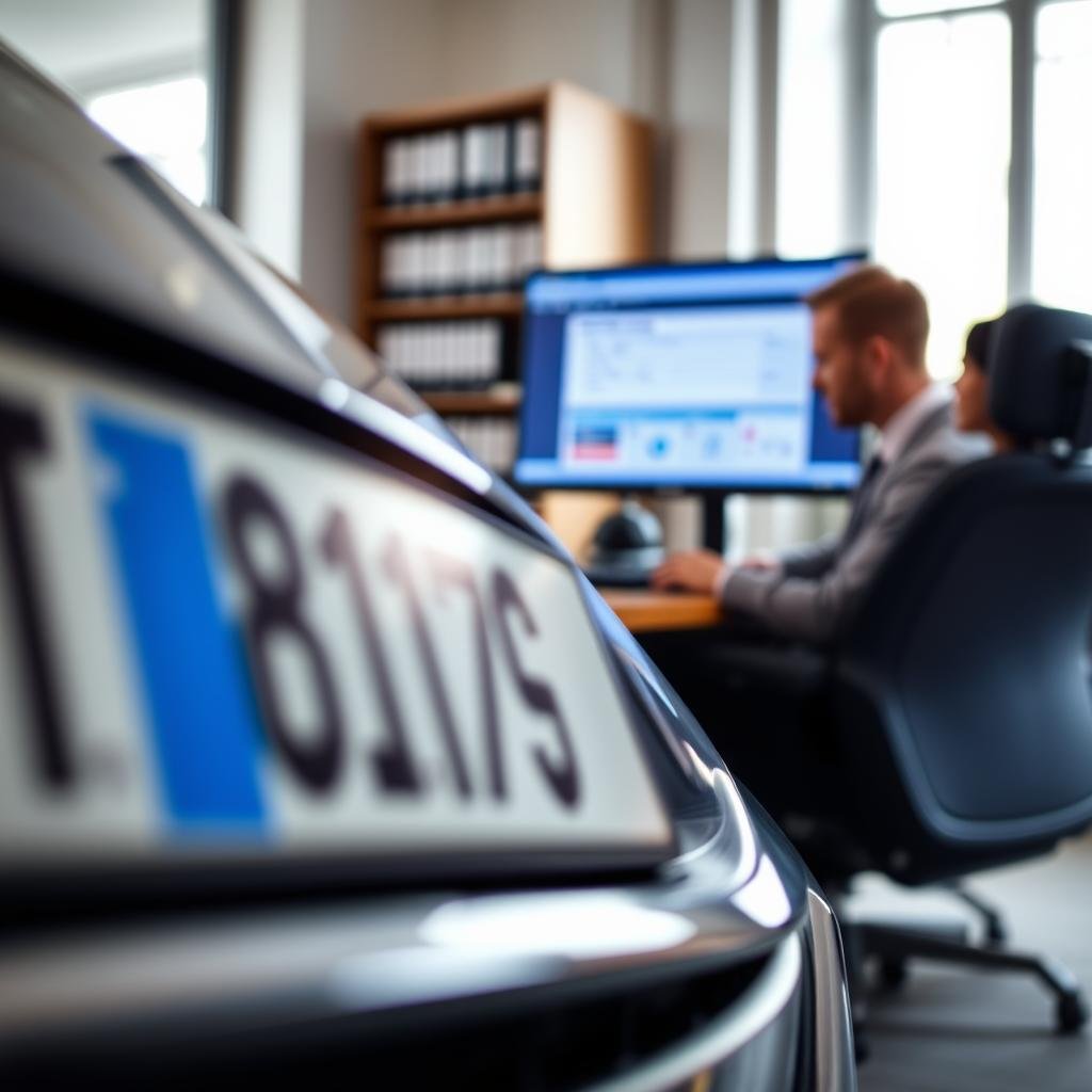A focused scene showcasing a modern car registration plate in the foreground, highlighting the alphanumeric characters clearly. In the middle ground, an office setting with a professional individual dressed in business attire, examining a computer screen displaying a vehicle registration lookup interface. The background features a blurred office with shelves of legal documents and a soft window light filtering in, creating a calm and informative atmosphere. The angles should capture the individual’s concentration and the details of the registration plate prominently. The overall mood is one of professionalism and clarity, emphasizing the importance of vehicle plate verification.