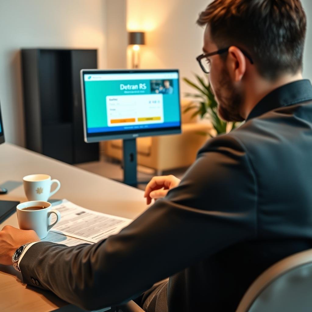 A focused scene showcasing a person in professional attire attentively using a laptop to access a website for paying traffic fines. In the foreground, the individual is seated at a modern desk, with a clear view of the laptop screen displaying a vibrant interface featuring the Detran RS logo and online payment options. The middle ground includes a cup of coffee and some paperwork related to vehicle registration and fines. In the background, a softly illuminated office environment suggests a comfortable and organized workspace. The lighting is warm and inviting, creating a productive atmosphere. The angle captures the individual from a slight side view, emphasizing both the laptop screen and their concentrated expression. The overall mood is one of efficiency and clarity, symbolizing the process of resolving fines online.
