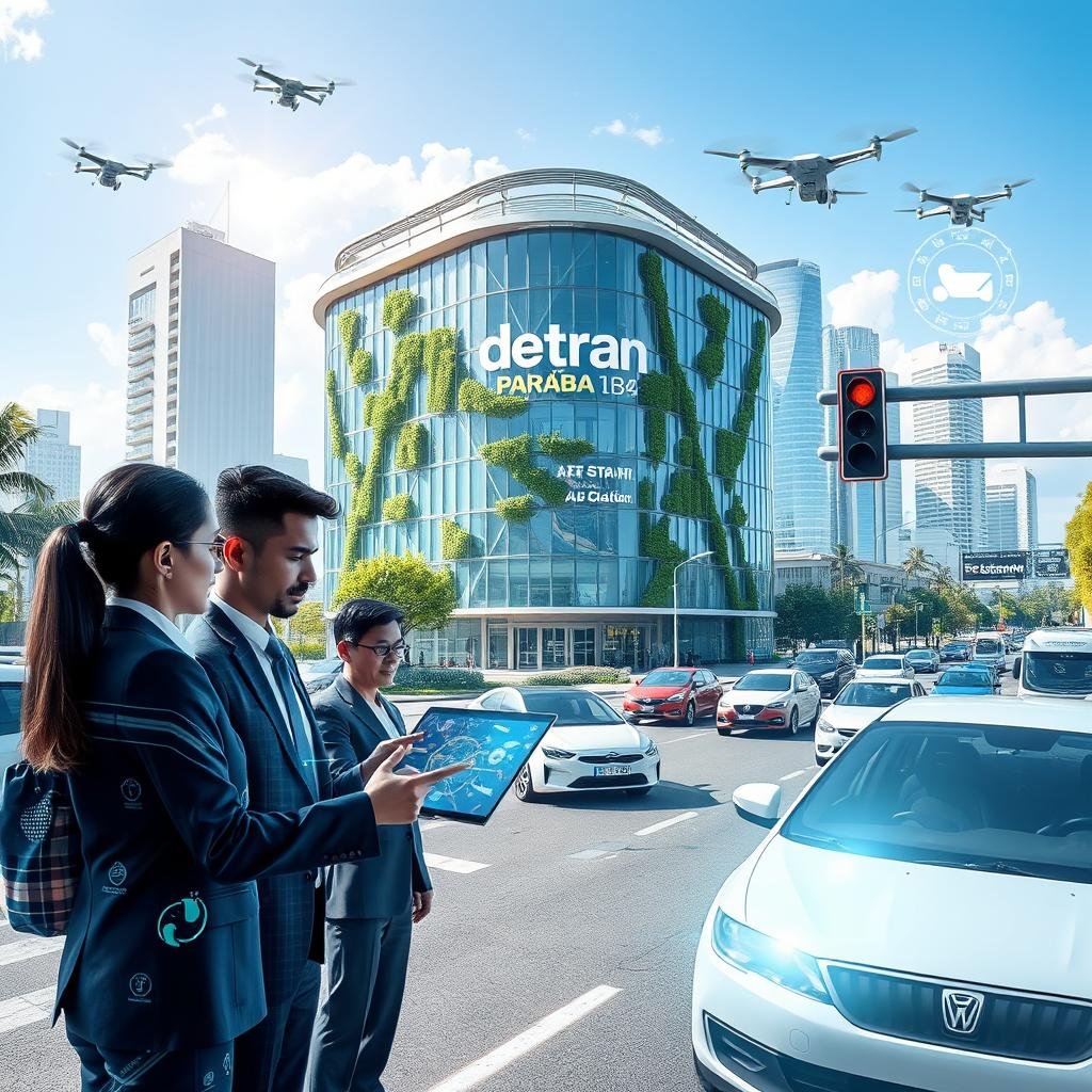 A futuristic vision of the Detran Paraíba showcasing advanced technology in transportation services. In the foreground, a diverse group of professionals in business attire interact with sleek digital devices and holographic displays, analyzing traffic data and customer services. In the middle, a modern Detran building exhibits eco-friendly architecture, surrounded by smart vehicles, including electric and autonomous cars. Background elements include a vibrant cityscape with smart traffic lights and drones monitoring traffic. The scene is illuminated with bright, natural daylight creating an optimistic atmosphere. A wide-angle perspective captures the innovation and efficiency shaping the future of traffic management in Paraíba.