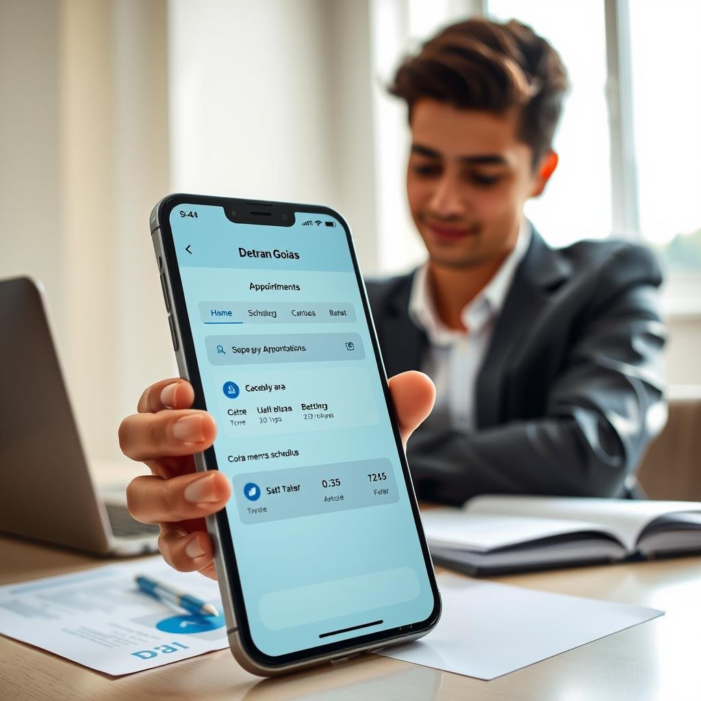 A high-tech smartphone displaying the Detran Goiás app interface, prominently showing the features for scheduling and checking vehicle-related appointments. In the foreground, a professional-looking young adult in business casual attire is interacting with the phone, looking engaged and focused. The middle ground features a minimalist desk with a laptop open, papers related to vehicle documents scattered, creating a sense of an organized workspace. In the background, a blurred window reveals a sunny day outside, adding a bright and optimistic atmosphere. Soft, natural lighting illuminates the scene, creating a warm feel. The perspective is slightly angled from above, capturing both the phone and the person's expression, emphasizing the ease of use of the application.