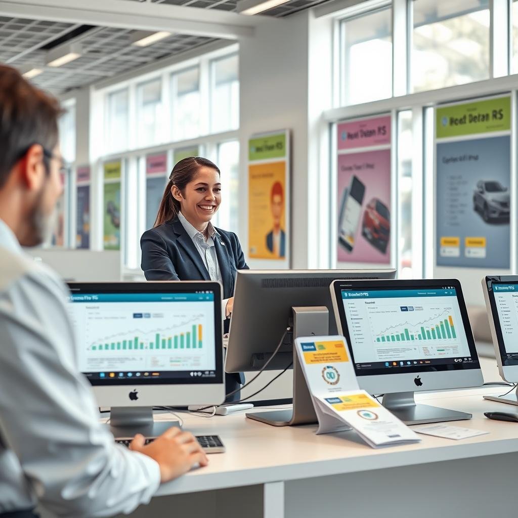 A modern Detran RS service center, highlighted in a professional atmosphere. In the foreground, a friendly customer service agent in business attire assists a client while using a computer to check vehicle fines online. In the middle ground, several sleek computers display the Detran RS interface on their screens with graphs showing payment options, and informational brochures about online services are neatly arranged. The background features the bright and clean interior of the service center, with vibrant posters about road safety and regulations on the walls. Natural light filters in through large windows, creating an inviting environment. The mood is efficient and professional, emphasizing accessibility and modern technology in public service.